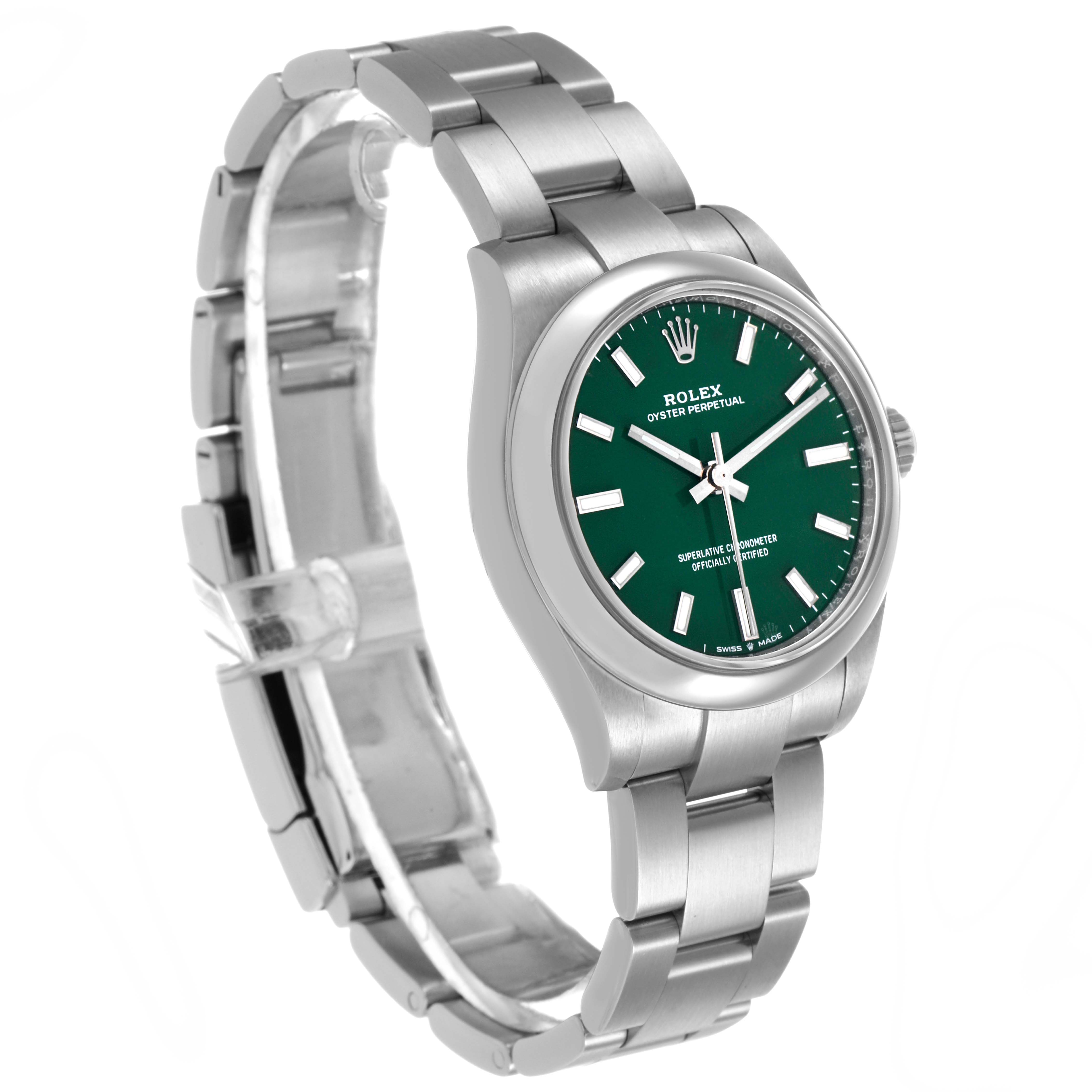 The Rolex Mid-Size 277200 Women's Stainless Steel Green Dial watch is shown from a front angle, highlighting the green dial and stainless steel bracelet.