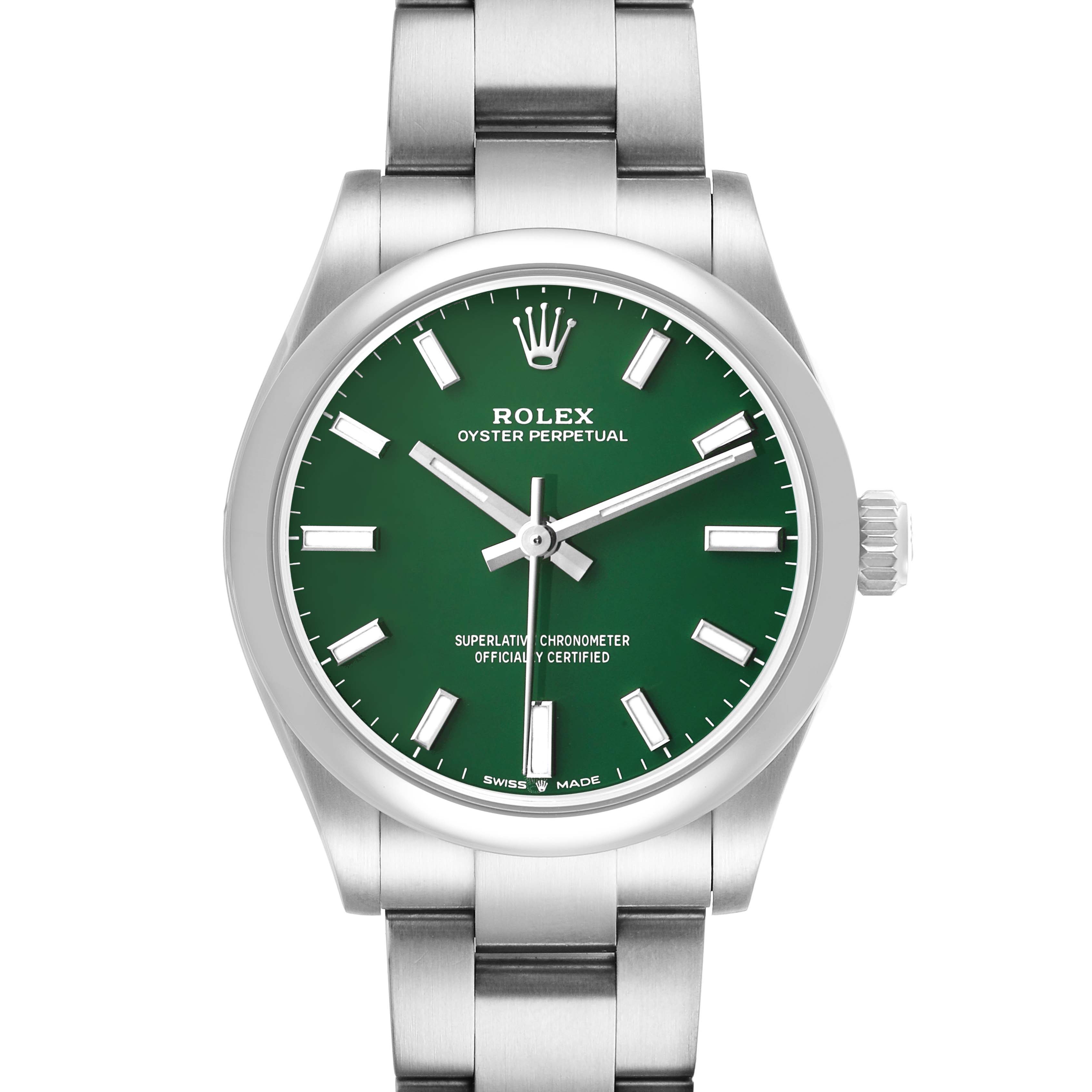 The Rolex Mid-Size 277200 Women's Stainless Steel Green Dial watch is shown from the front, displaying its green dial and complete stainless steel bracelet.