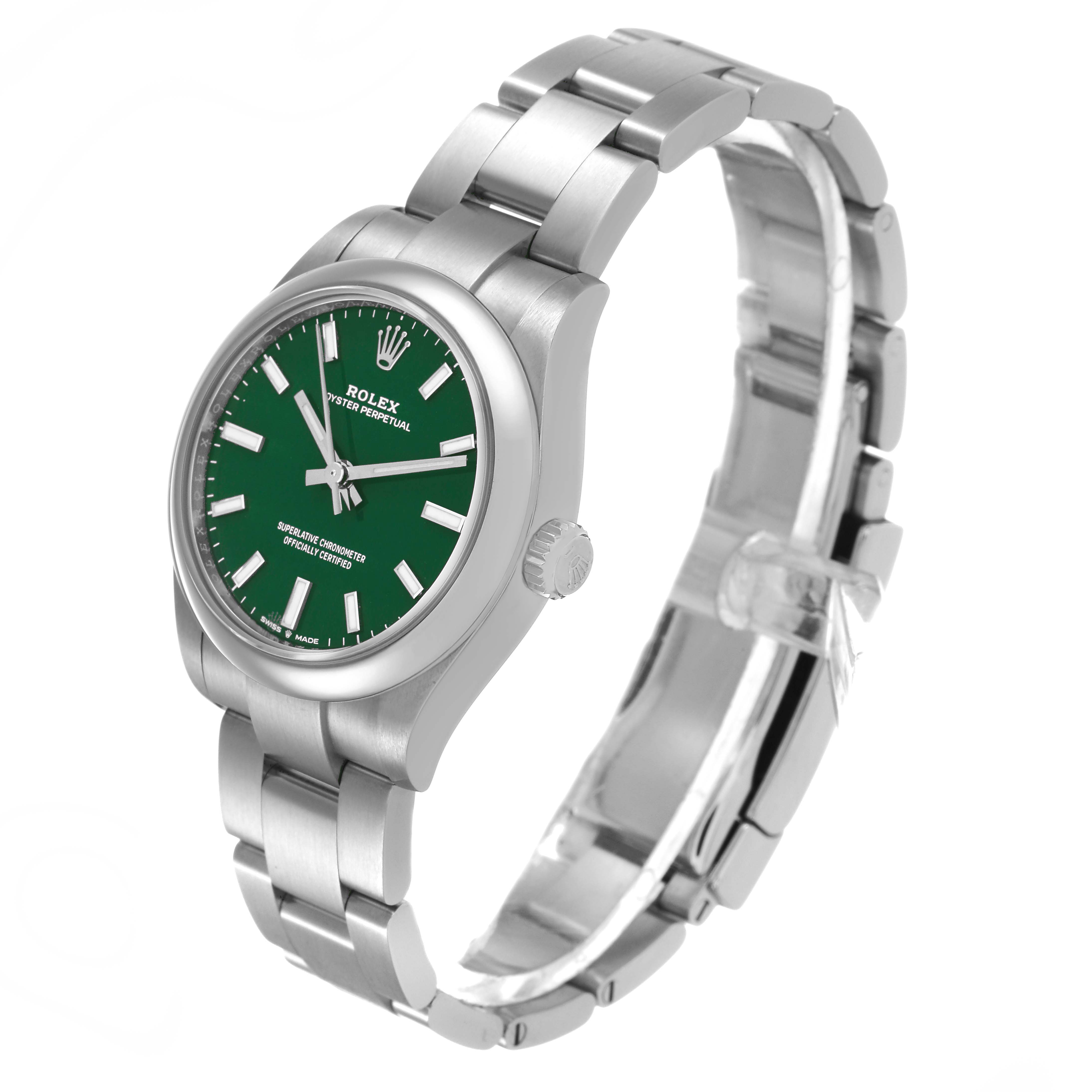 The Rolex Mid-Size 277200 Women's Stainless Steel Green Dial watch is shown at a three-quarter angle, displaying the face, case, and part of the bracelet.
