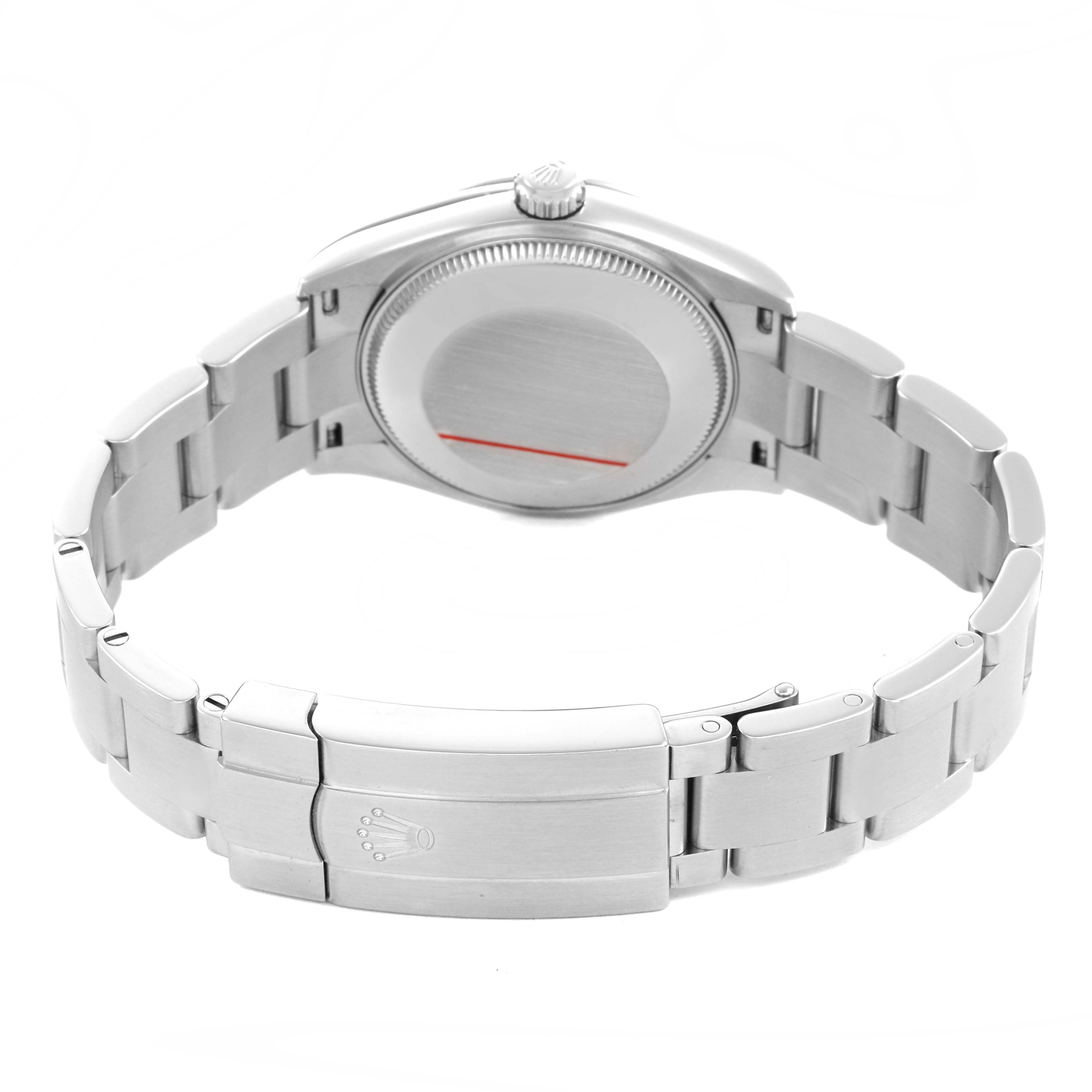 The Rolex Mid-Size 277200 Women's Stainless Steel Green Dial watch is shown from the back, highlighting the bracelet, clasp, and case back.