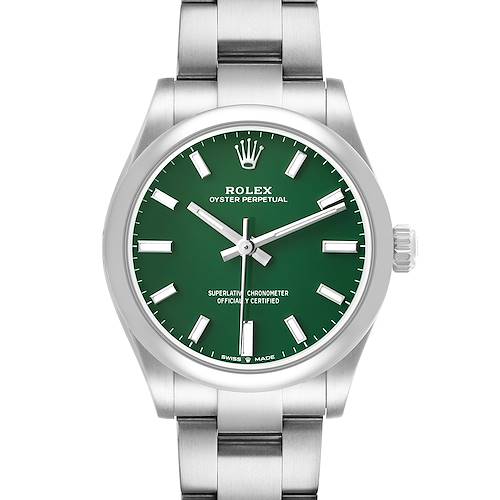 The Rolex Mid-Size 277200 Women's Stainless Steel Green Dial watch is shown from a frontal angle, displaying its green dial, bracelet, and crown.