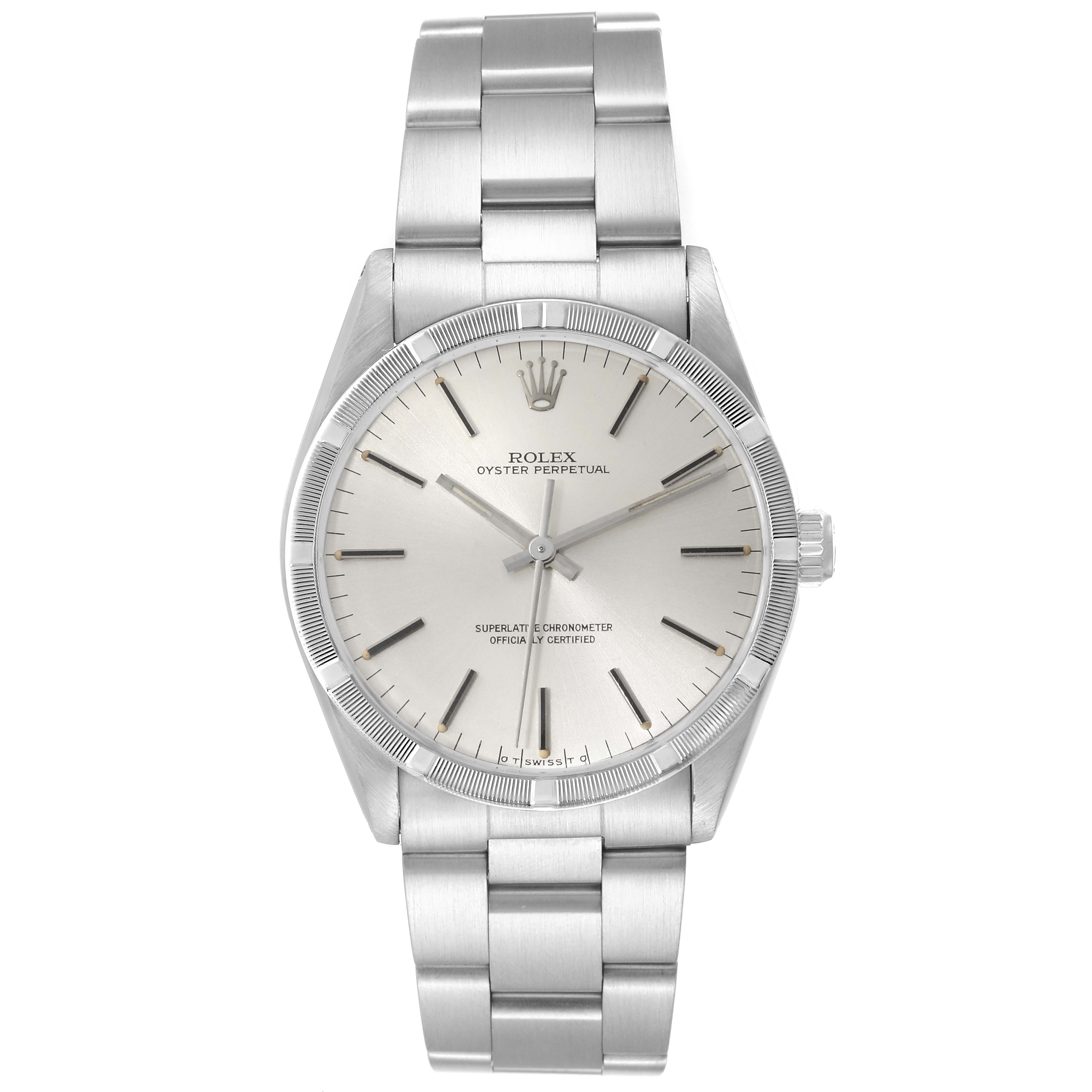 This image shows a frontal view of the Rolex Vintage Collection 1007 Men's Stainless Steel Silver Dial 1007 Men's Stainless Steel Silver Dial watch, including the face, crown, and bracelet.