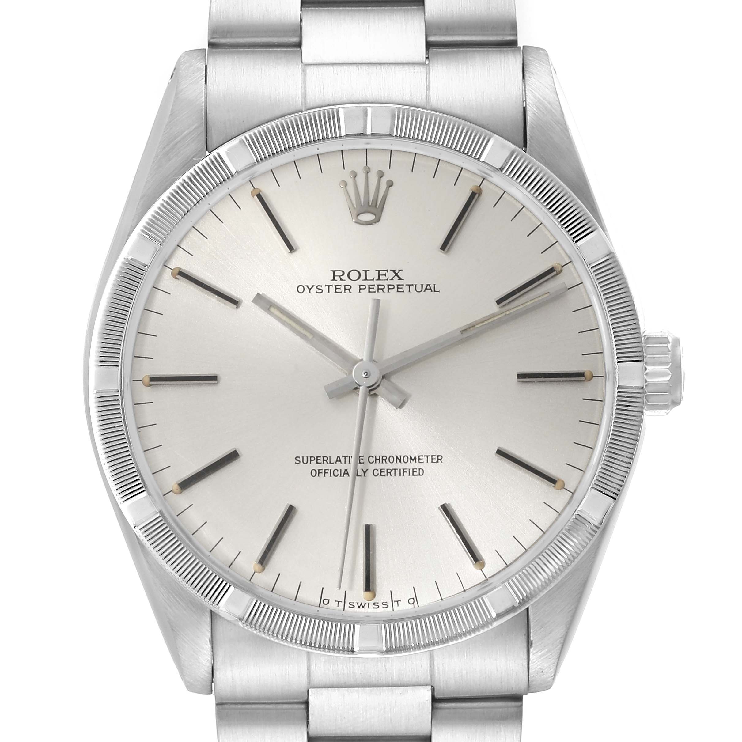 This image shows a close-up, front view of a Rolex Vintage Collection 1007 Men's Stainless Steel Silver Dial 1007 Men's Stainless Steel Silver Dial Oyster Perpetual watch, highlighting the dial and bracelet.