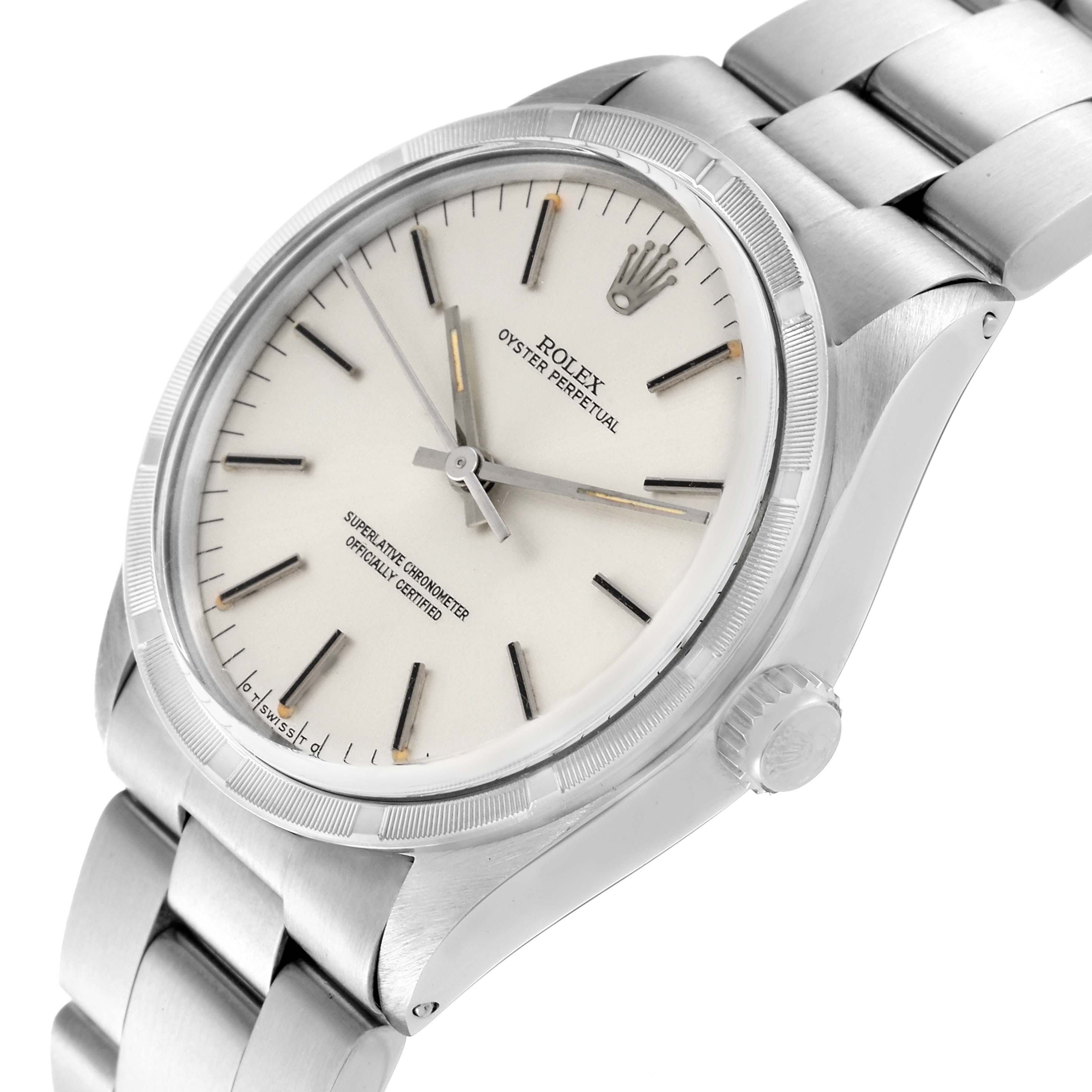 The image shows a Rolex Vintage Collection 1007 Men's Stainless Steel Silver Dial 1007 Men's Stainless Steel Silver Dial Oyster Perpetual watch, featuring its face, bezel, and part of the bracelet at a slight angle.