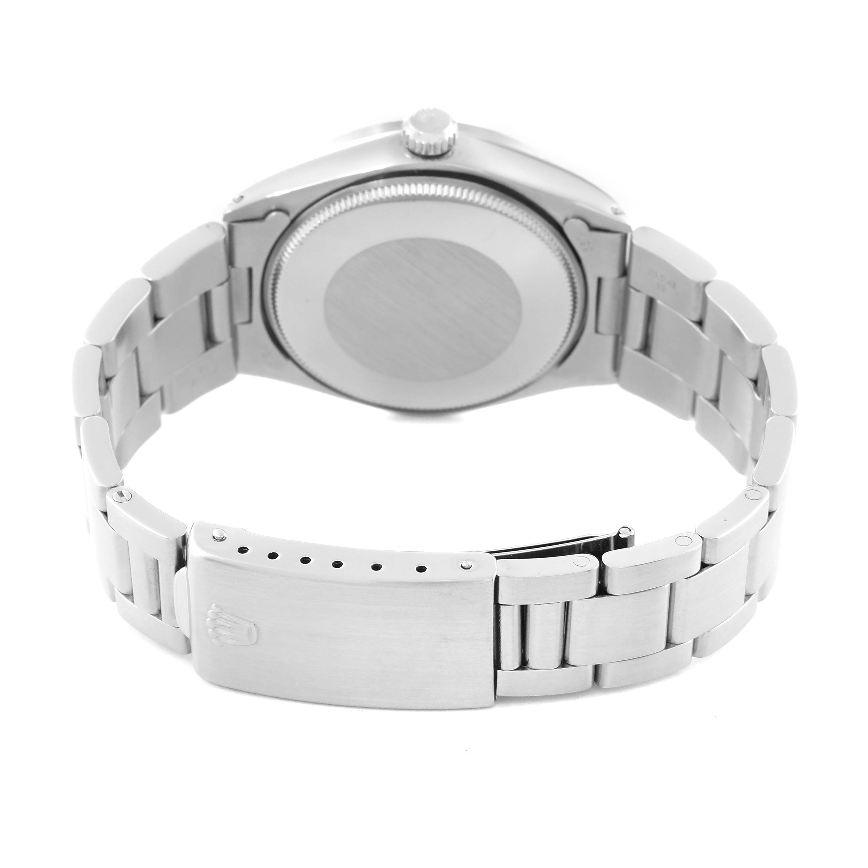 The image shows the back view of a Rolex Vintage Collection 1007 Men's Stainless Steel Silver Dial 1007 Men's Stainless Steel Silver Dial watch, highlighting the case back and clasp.