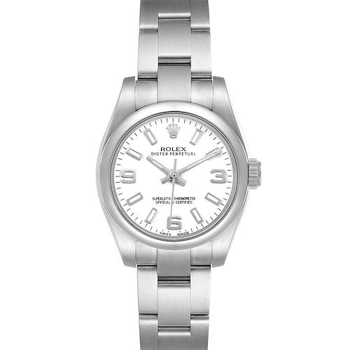The Rolex Oyster Perpetual 176200 Women's Stainless Steel White Dial watch is shown from the front, highlighting the dial, hands, case, and bracelet.