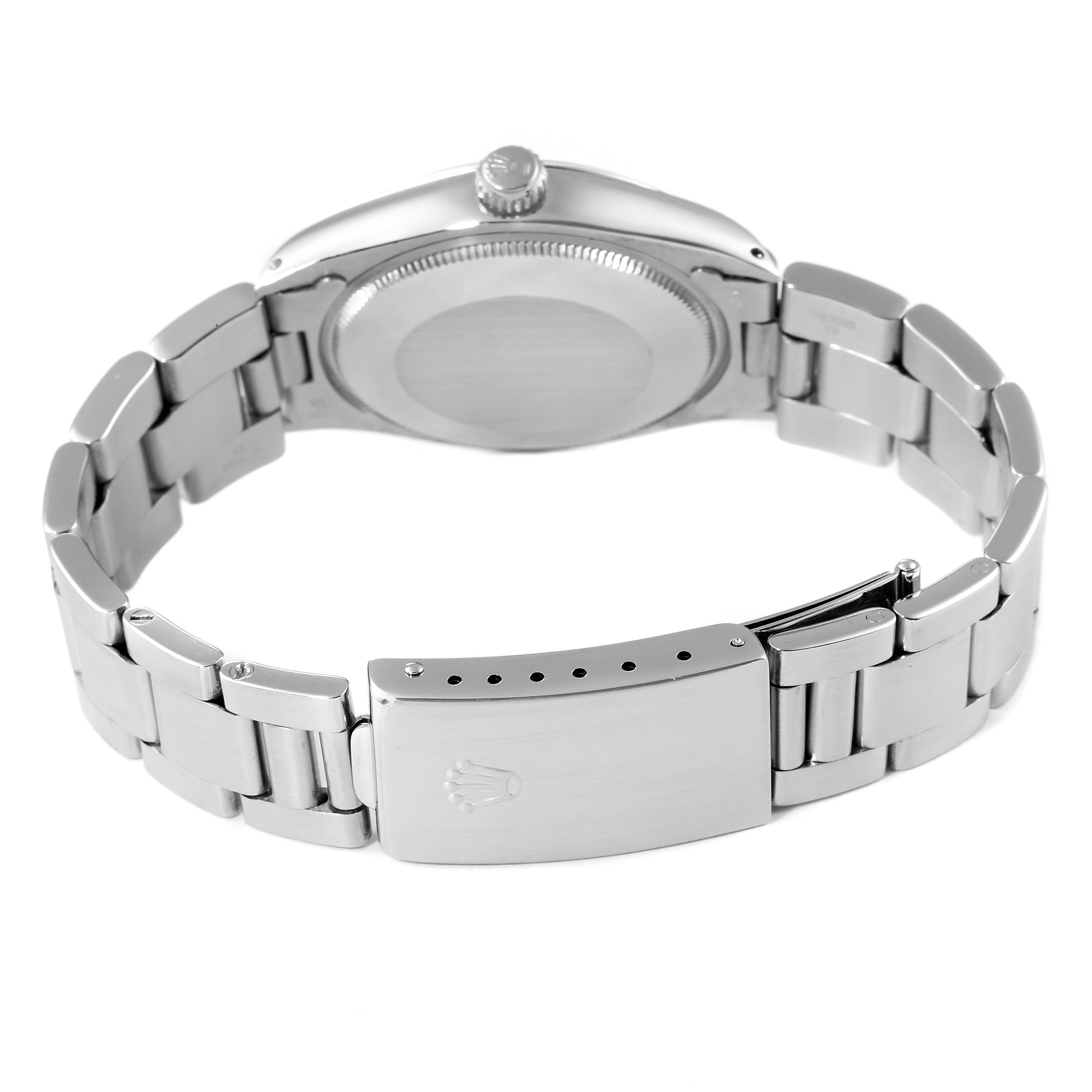 The image shows the backside of the Rolex Vintage Collection 5500 Men
s Stainless Steel Silver Dial 5500 Men
s Stainless Steel Silver Dial watch, highlighting the clasp, bracelet, case back, and crown.