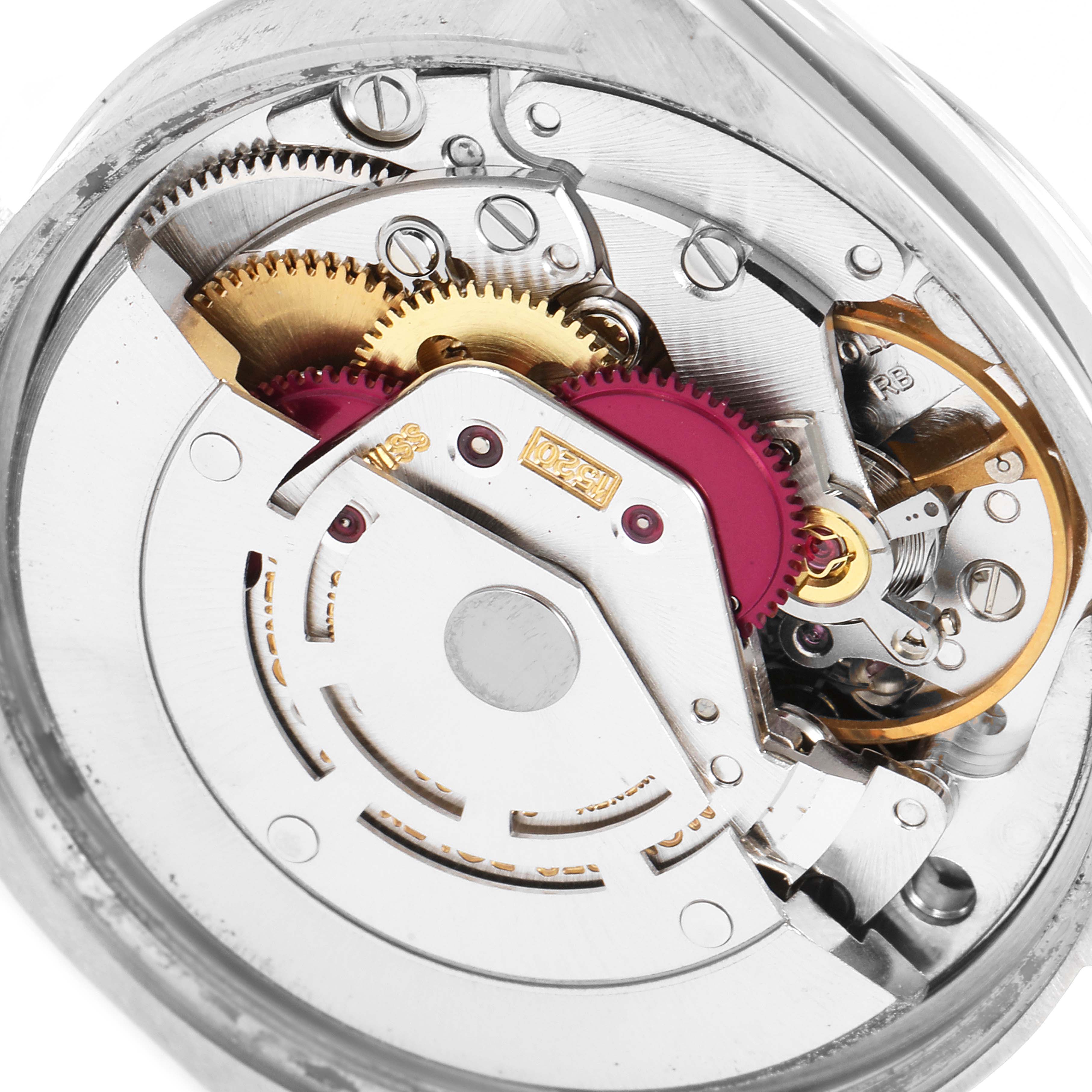This close-up image of the Rolex Vintage Collection 5500 Men
s Stainless Steel Silver Dial 5500 Men
s Stainless Steel Silver Dial model displays the intricate internal mechanical gears and components.