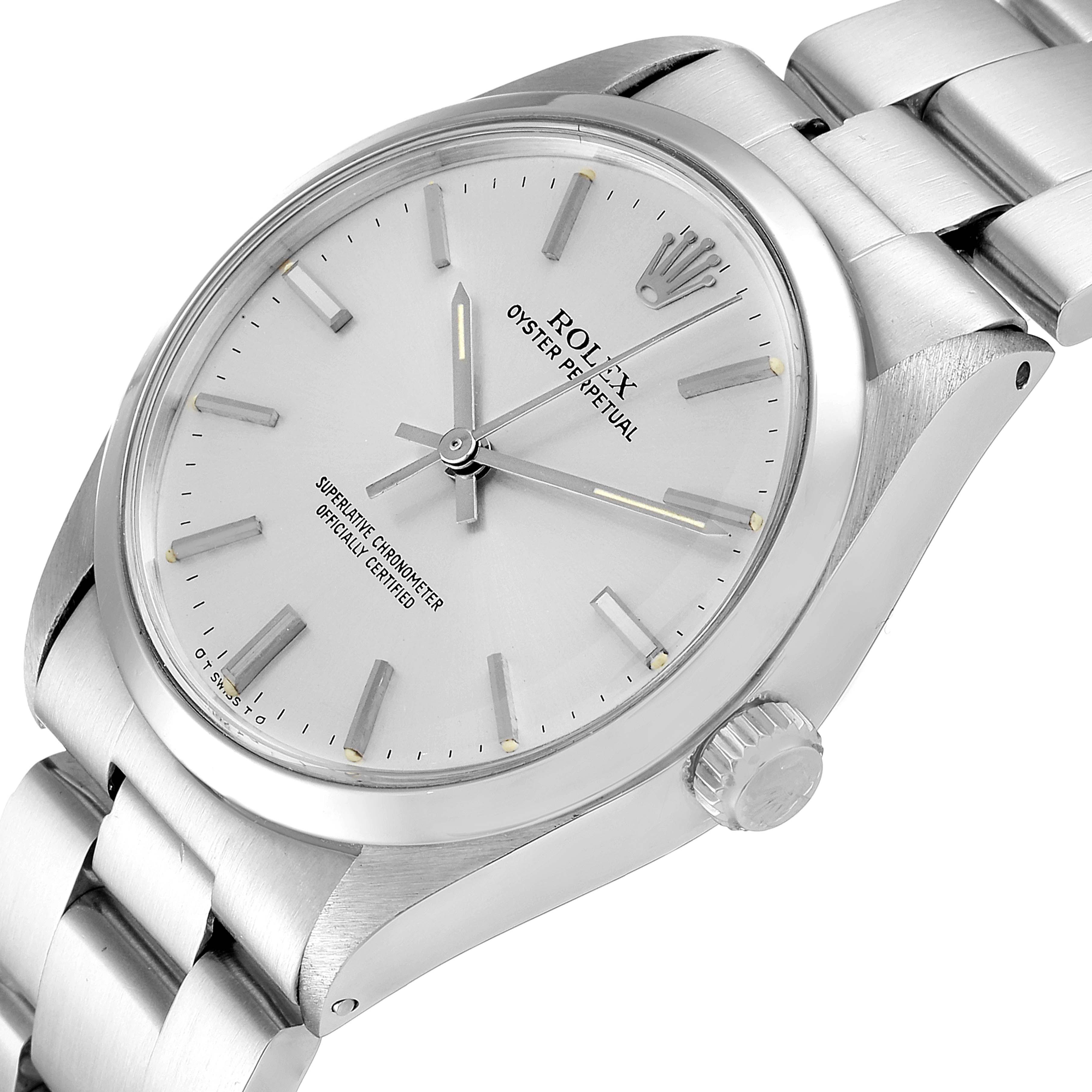 This image shows a close-up angle of the Rolex Vintage Collection 5500 Men
s Stainless Steel Silver Dial 5500 Men
s Stainless Steel Silver Dial watch, highlighting its face, crown, and part of the bracelet.