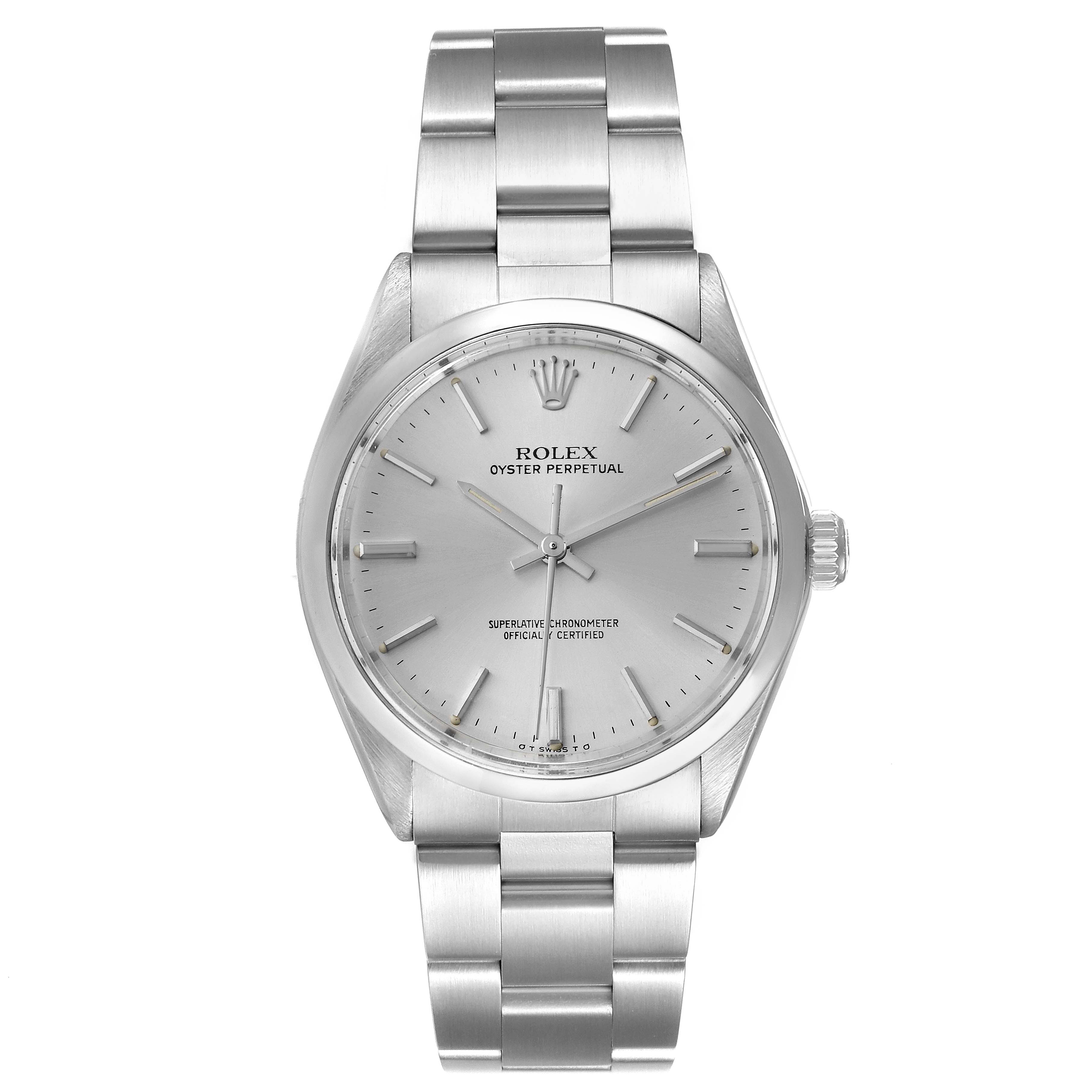 The image shows a front view of the Rolex Vintage Collection 5500 Men
s Stainless Steel Silver Dial 5500 Men
s Stainless Steel Silver Dial Oyster Perpetual model, displaying the dial and bracelet.