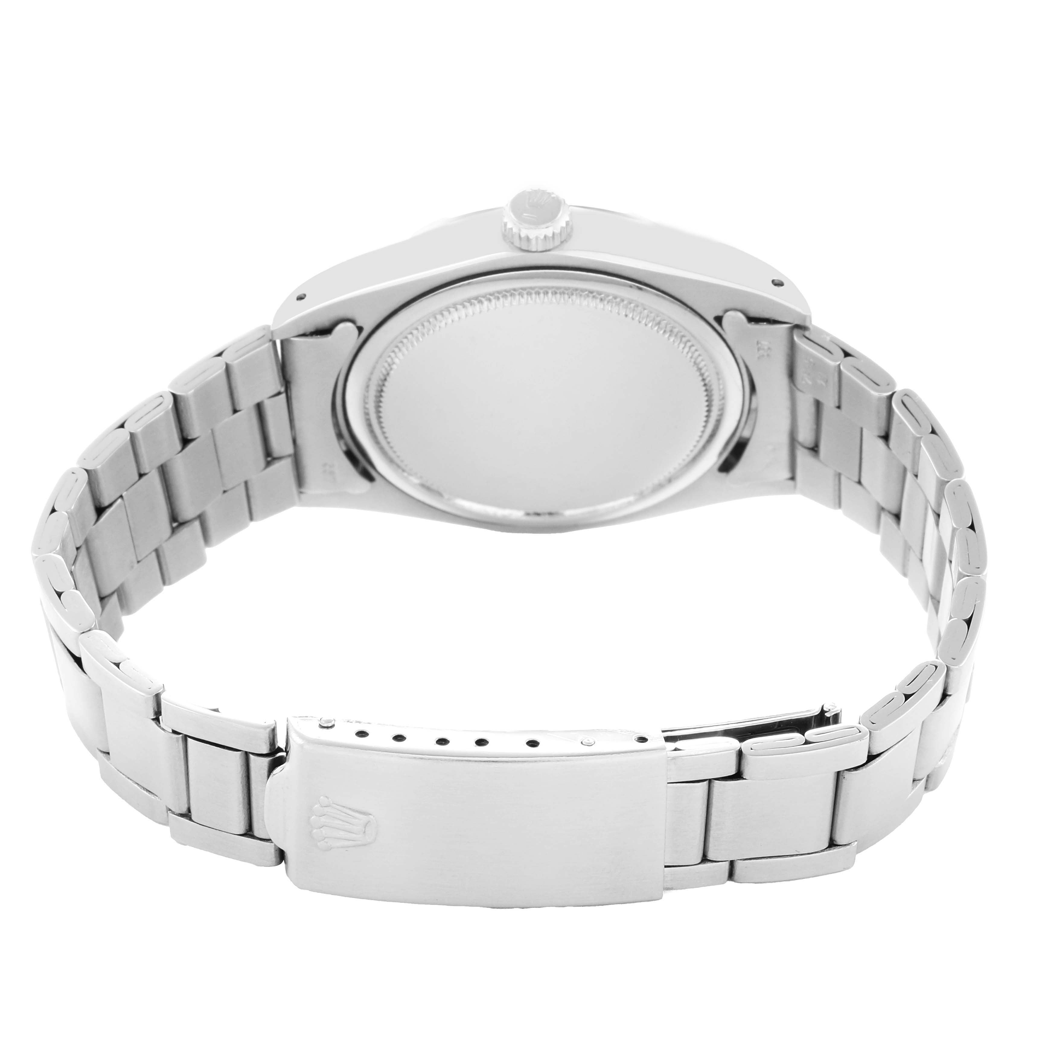 The Rolex Vintage Collection 6694 Men
s Stainless Steel White Dial model is shown from the back, highlighting the watch case and metal bracelet.