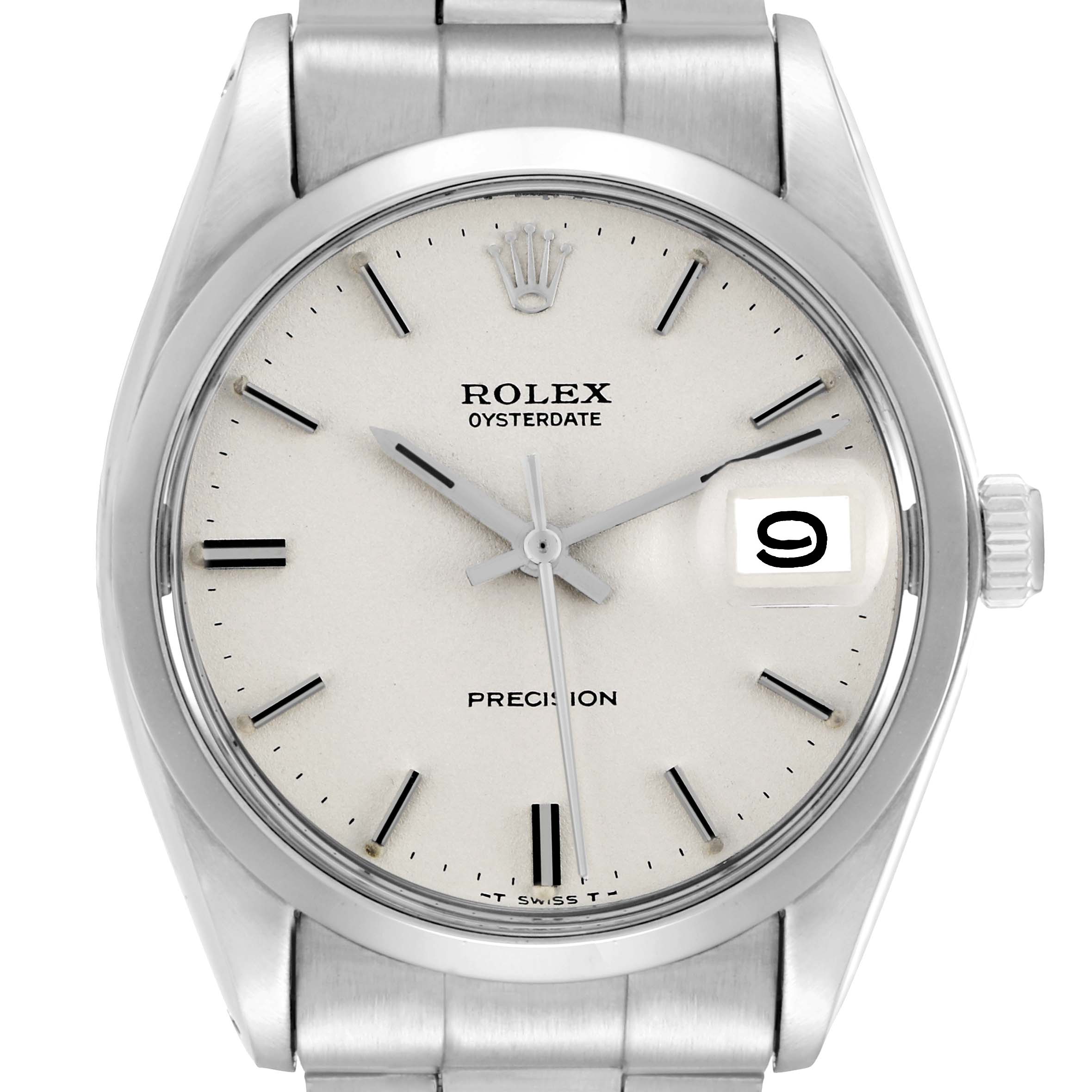 The Rolex Vintage Collection 6694 Men
s Stainless Steel White Dial watch is shown from the front, highlighting the dial, hands, and date window.