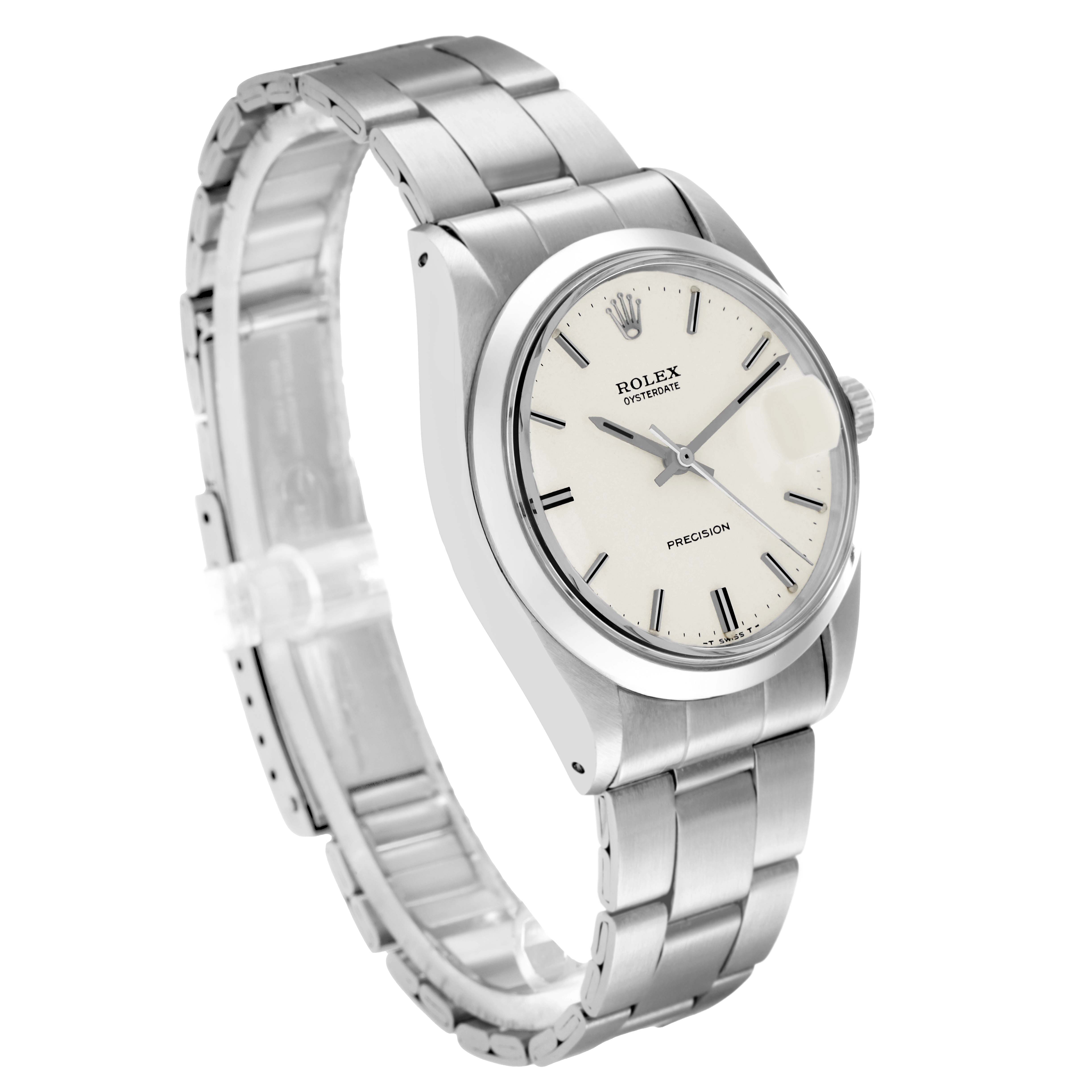 The Rolex Vintage Collection 6694 Men
s Stainless Steel White Dial watch is shown at a three-quarter angle, displaying the face, case, bezel, and part of the bracelet.