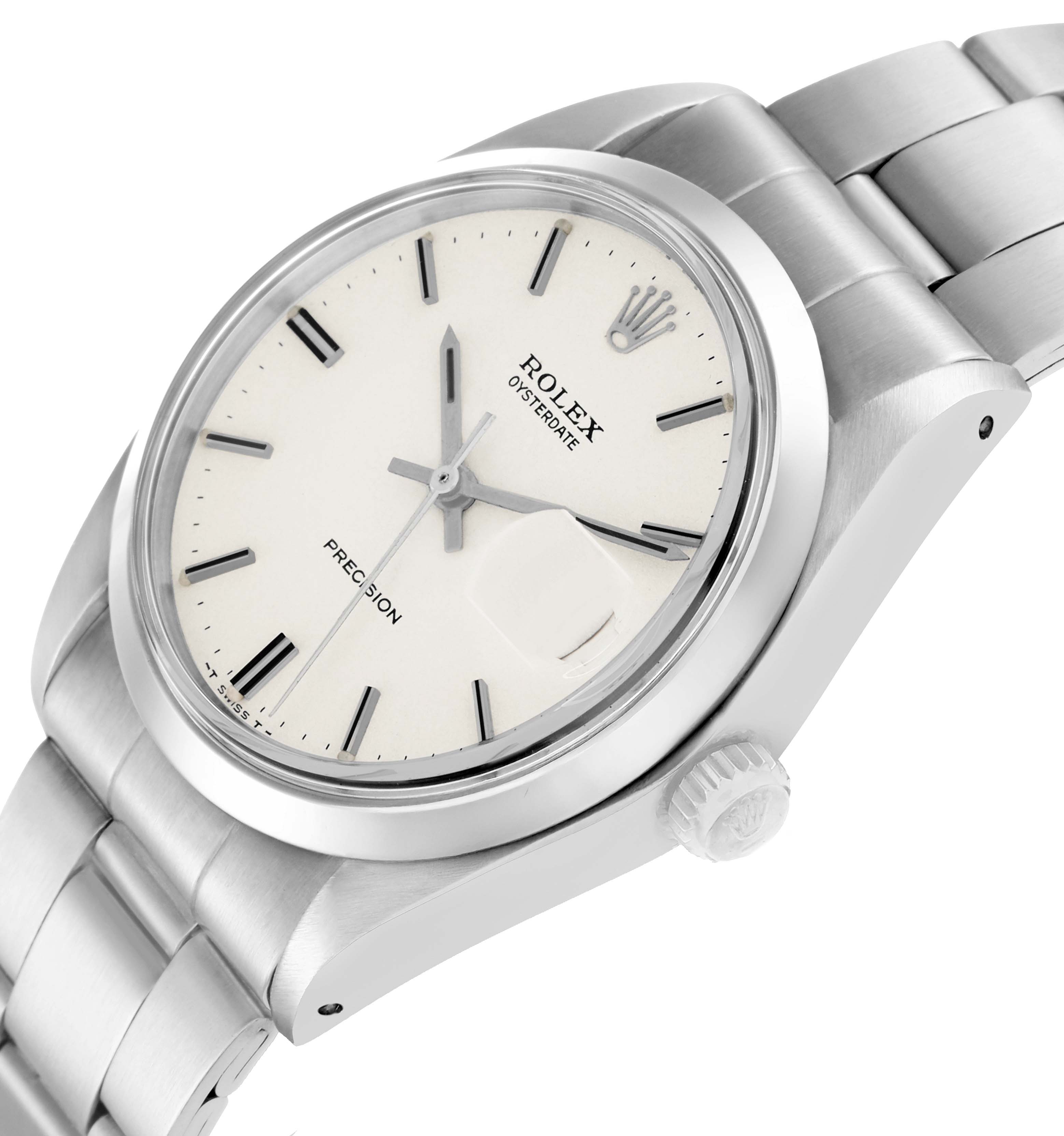 The Rolex Vintage Collection 6694 Men
s Stainless Steel White Dial model is shown at a tilted side angle, highlighting the dial, crown, and stainless steel bracelet.