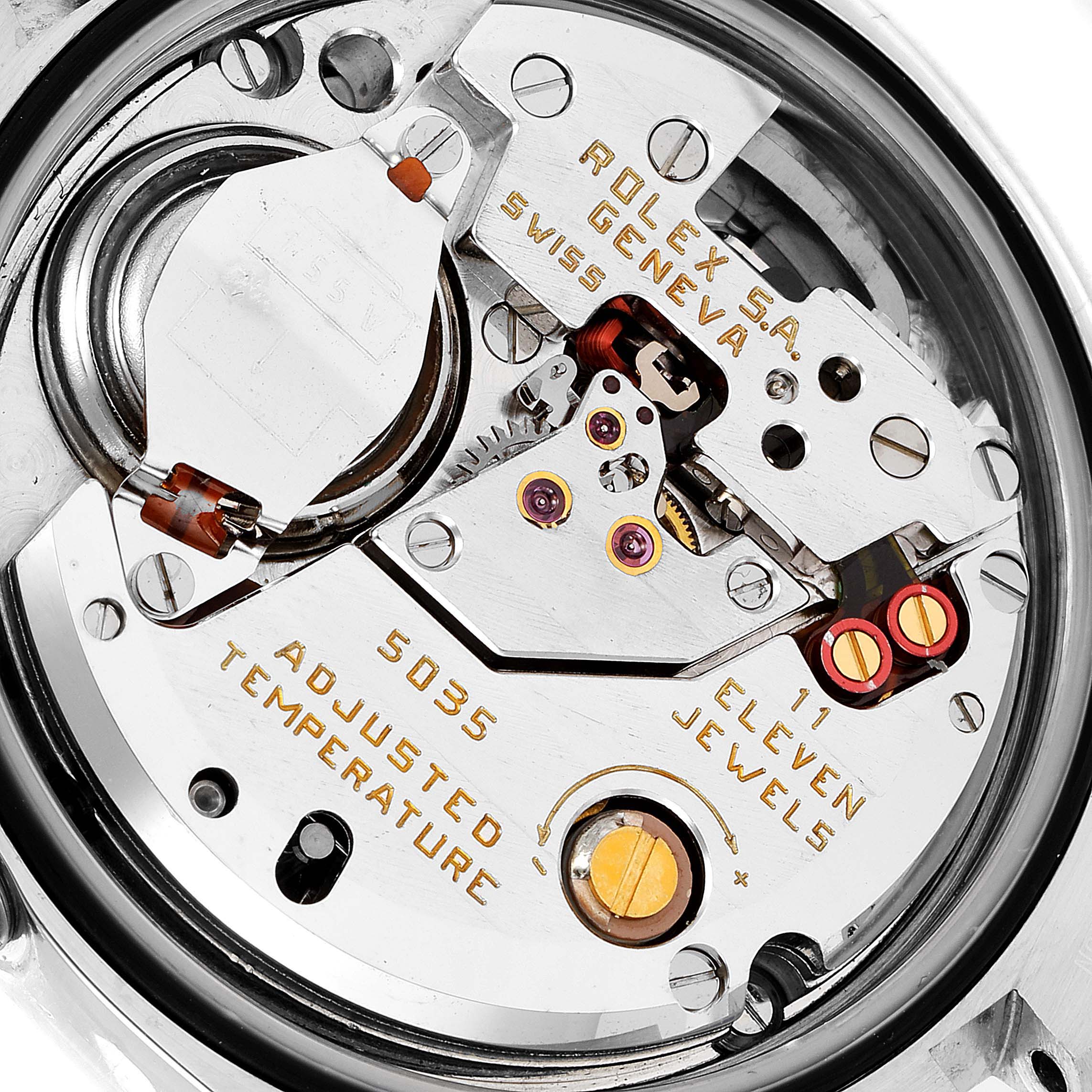 This image shows a close-up of the movement and internal components of the Rolex Oysterquartz 17013 Men's Steel and Gold (two tone) Silver Dial 17013 Men's Steel and Gold (two tone) Silver Dial watch model.