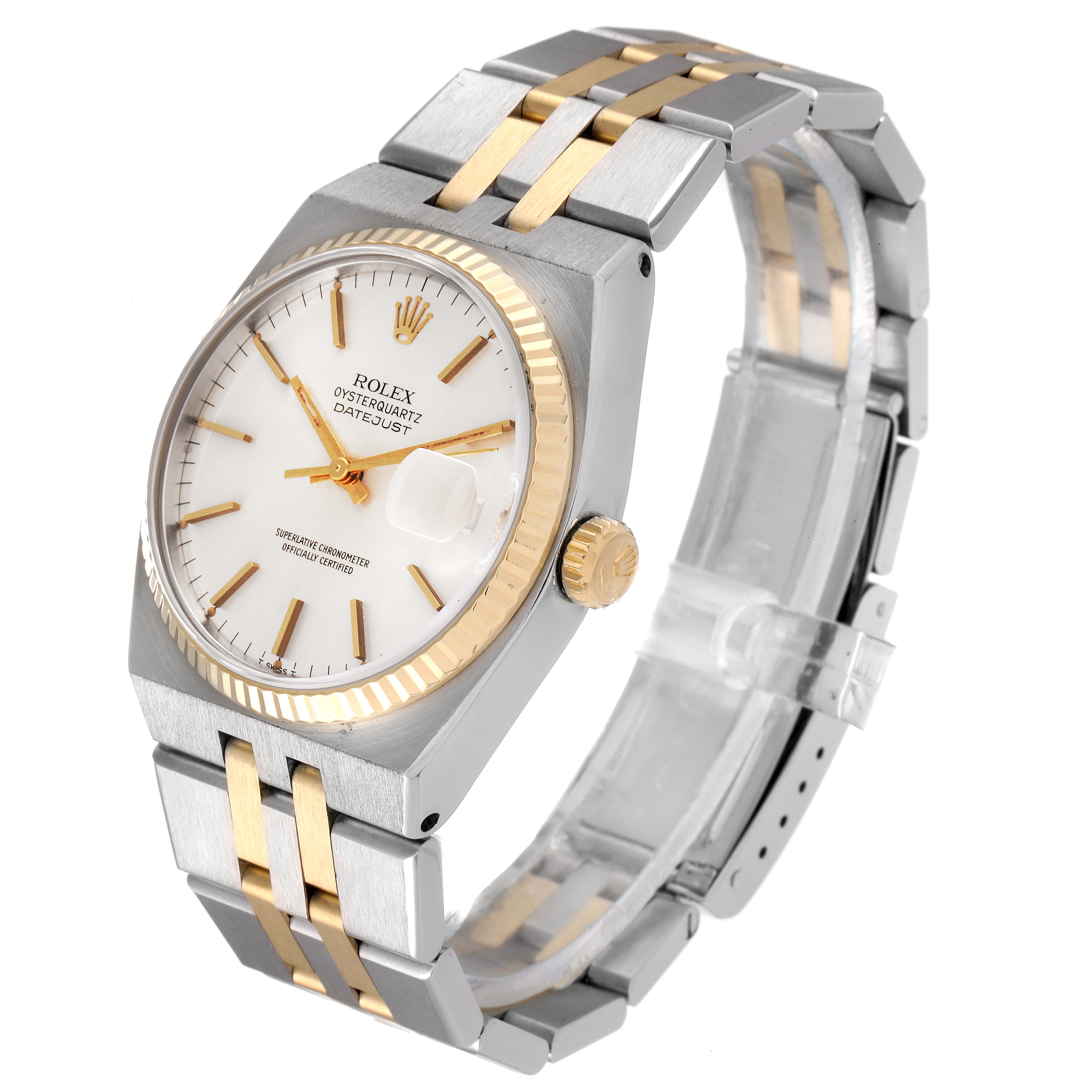The Rolex Oysterquartz 17013 Men's Steel and Gold (two tone) Silver Dial 17013 Men's Steel and Gold (two tone) Silver Dial watch is shown at a three-quarter angle, displaying its face, bezel, crown, and bracelet.