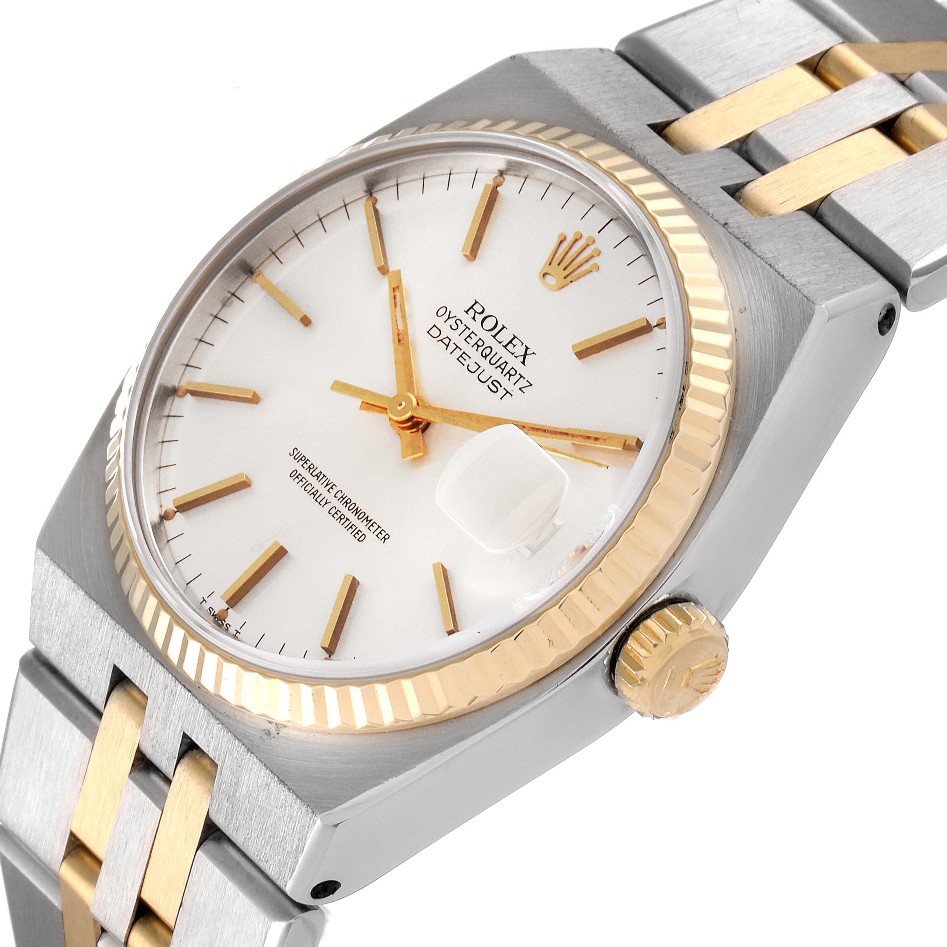 This Rolex Oysterquartz 17013 Men's Steel and Gold (two tone) Silver Dial 17013 Men's Steel and Gold (two tone) Silver Dial watch is shown from a tilted angle, highlighting its dial, crown, and part of the bracelet.