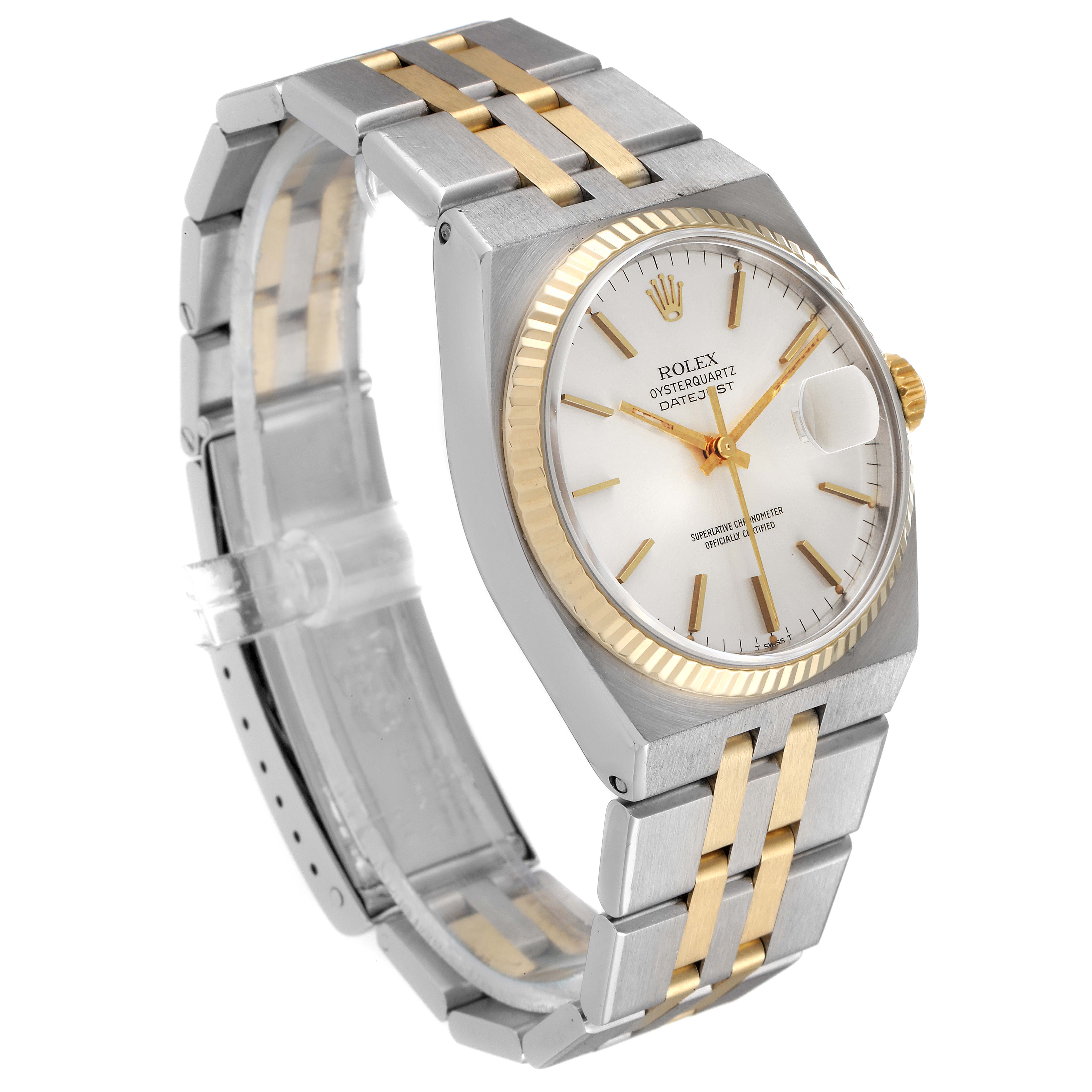 The Rolex Oysterquartz 17013 Men's Steel and Gold (two tone) Silver Dial 17013 Men's Steel and Gold (two tone) Silver Dial watch is shown at a three-quarter angle, highlighting the dial, bezel, and two-tone bracelet.