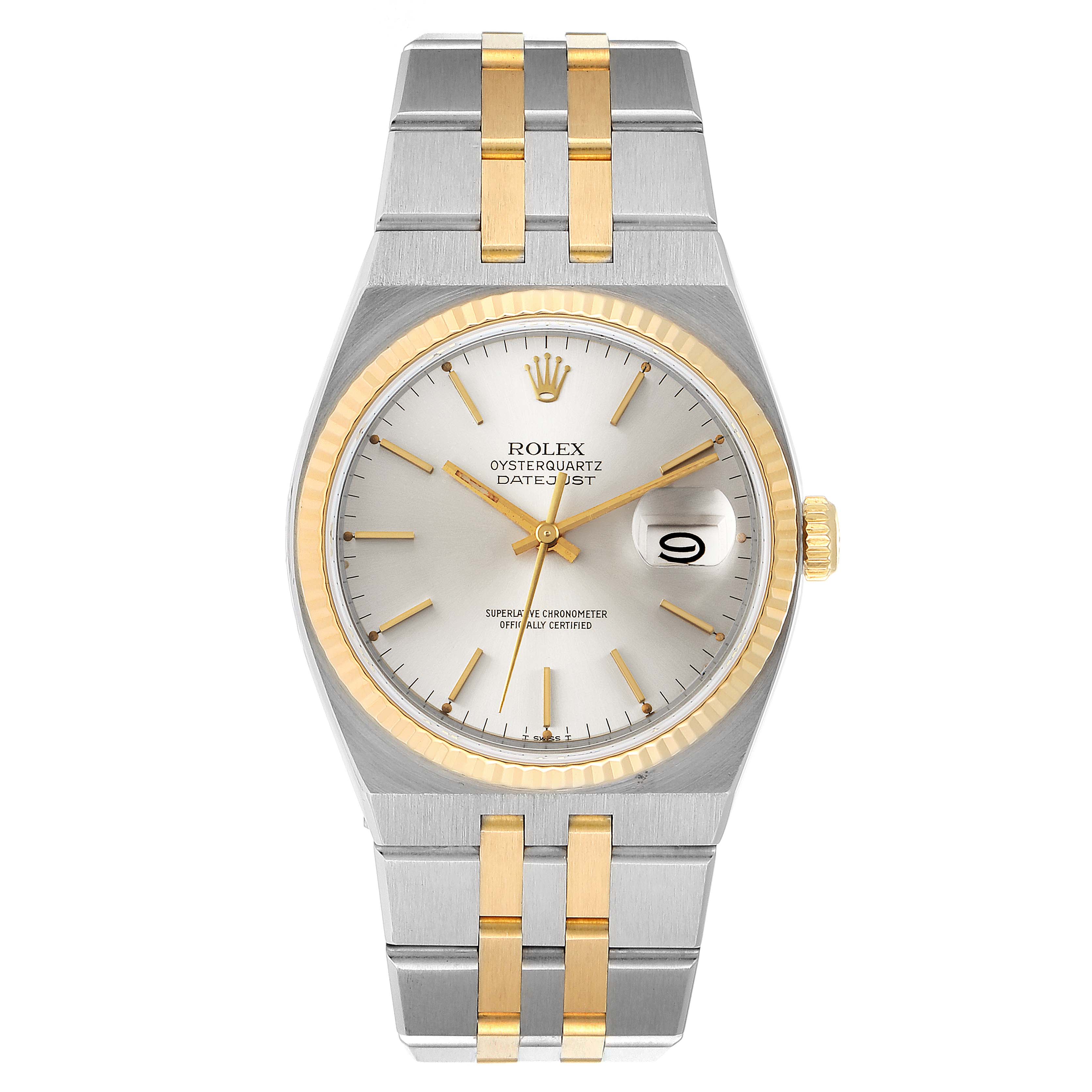 The Rolex Oysterquartz 17013 Men's Steel and Gold (two tone) Silver Dial 17013 Men's Steel and Gold (two tone) Silver Dial model is shown from the front, displaying the dial, bracelet, bezel, and crown.