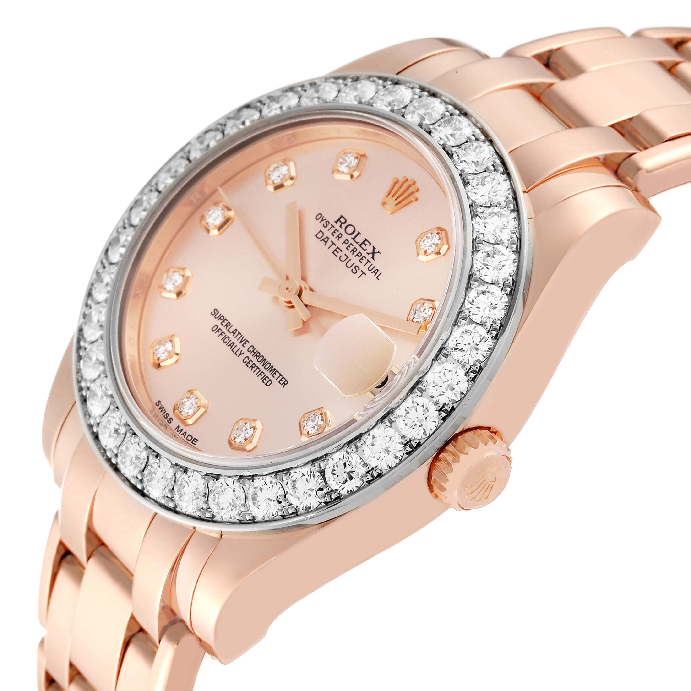 This image shows an angled close-up view of the Rolex Pearlmaster 81285 Women's Rose Gold Pink Dial 81285 Women's Rose Gold Pink Dial watch, highlighting the dial, diamond bezel, and part of the bracelet.