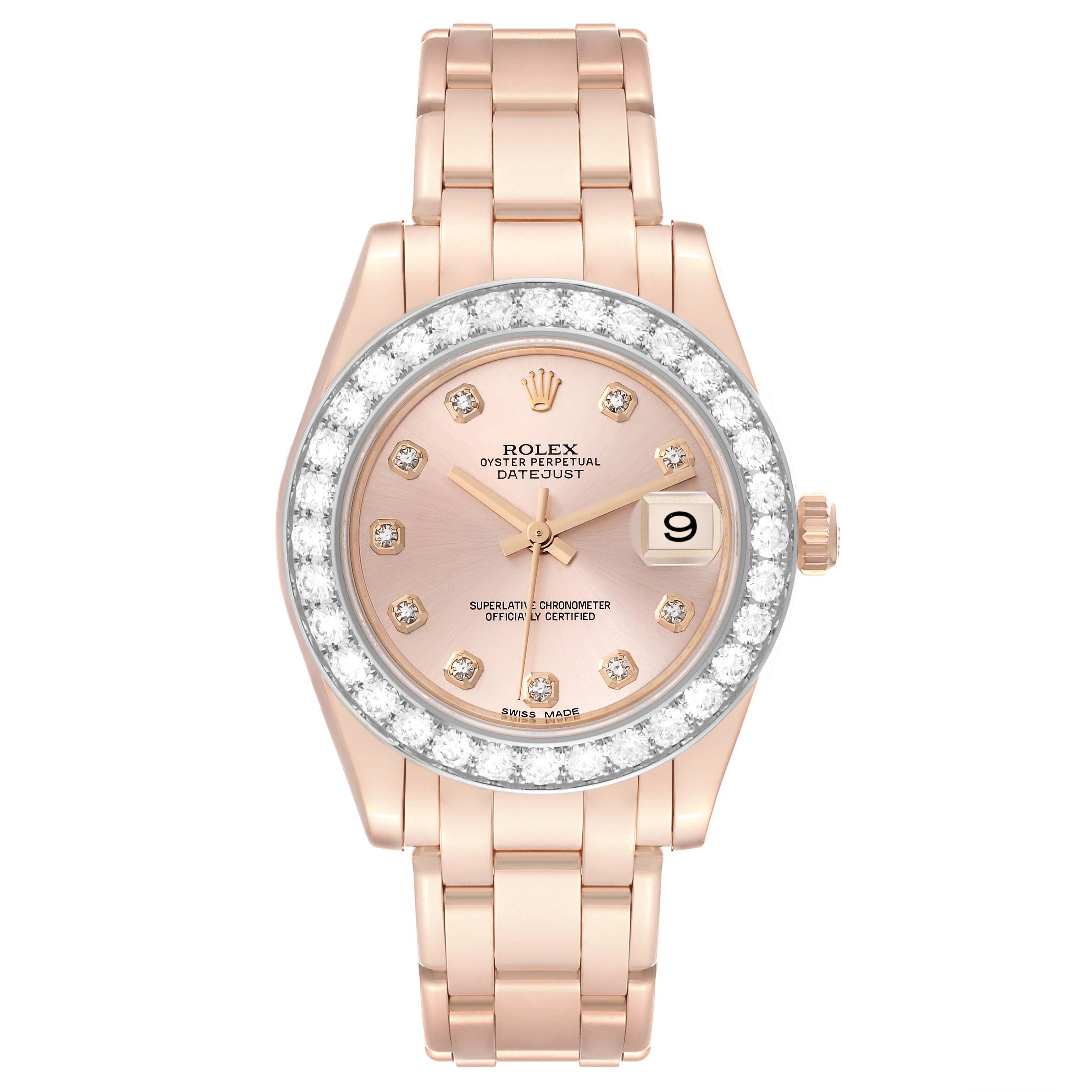 The image shows a Rolex Pearlmaster 81285 Women's Rose Gold Pink Dial 81285 Women's Rose Gold Pink Dial watch from a front view, featuring a diamond-set bezel and a rose gold bracelet.