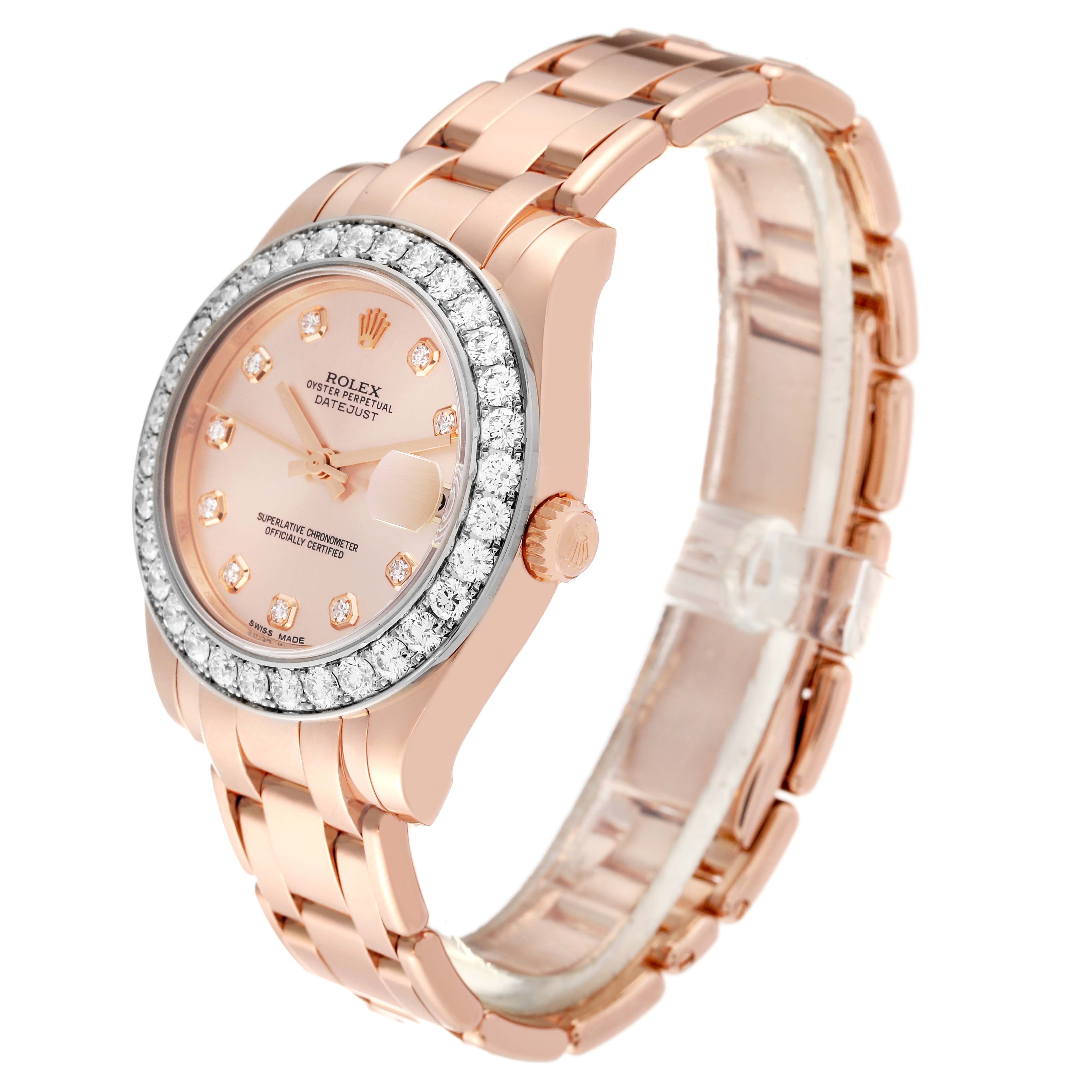 The Rolex Pearlmaster 81285 Women's Rose Gold Pink Dial 81285 Women's Rose Gold Pink Dial watch is shown from an angled front view, highlighting its diamond-studded bezel and rose gold bracelet.