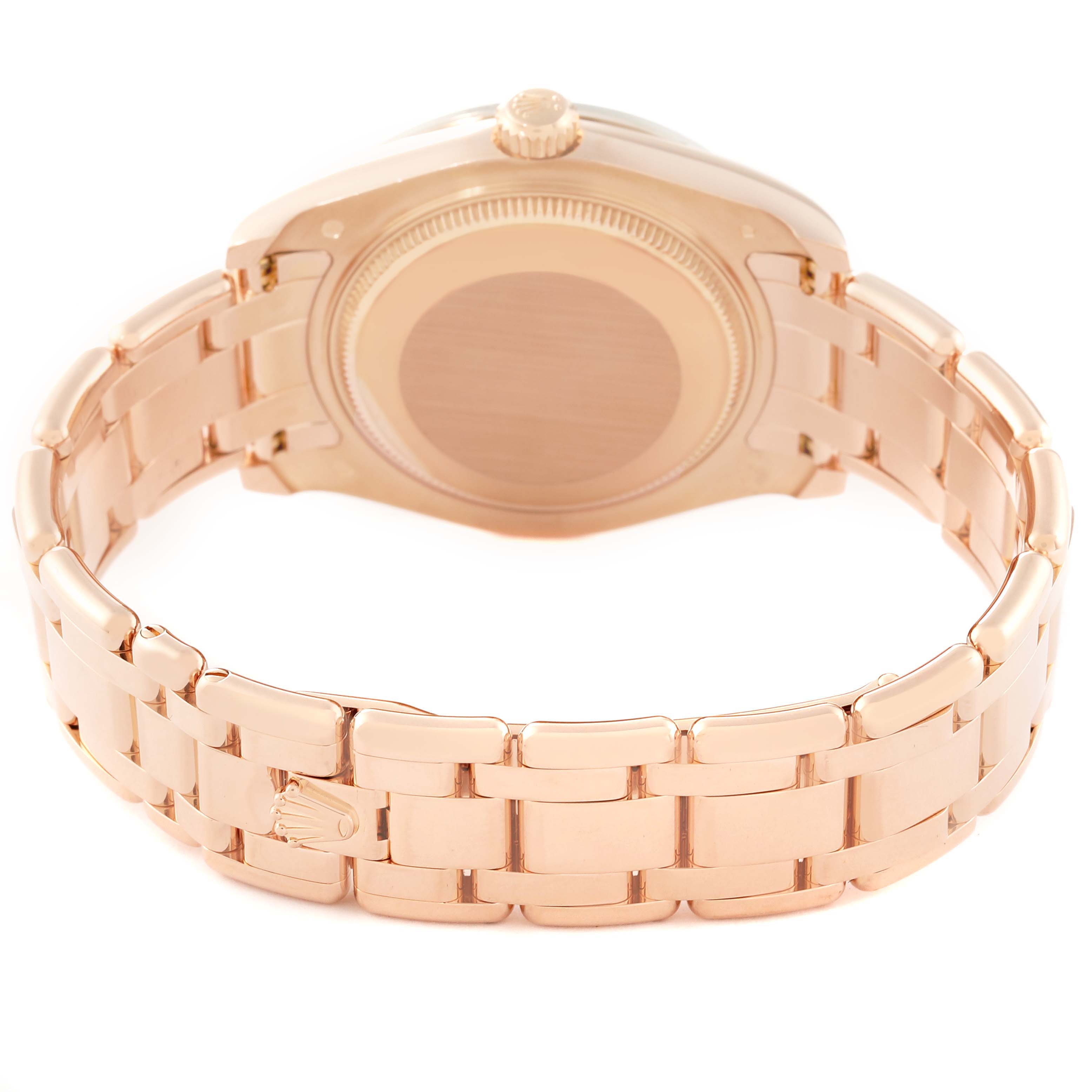 This image shows the backside and bracelet of a Rolex Pearlmaster 81285 Women's Rose Gold Pink Dial 81285 Women's Rose Gold Pink Dial watch in a slightly elevated rear view.