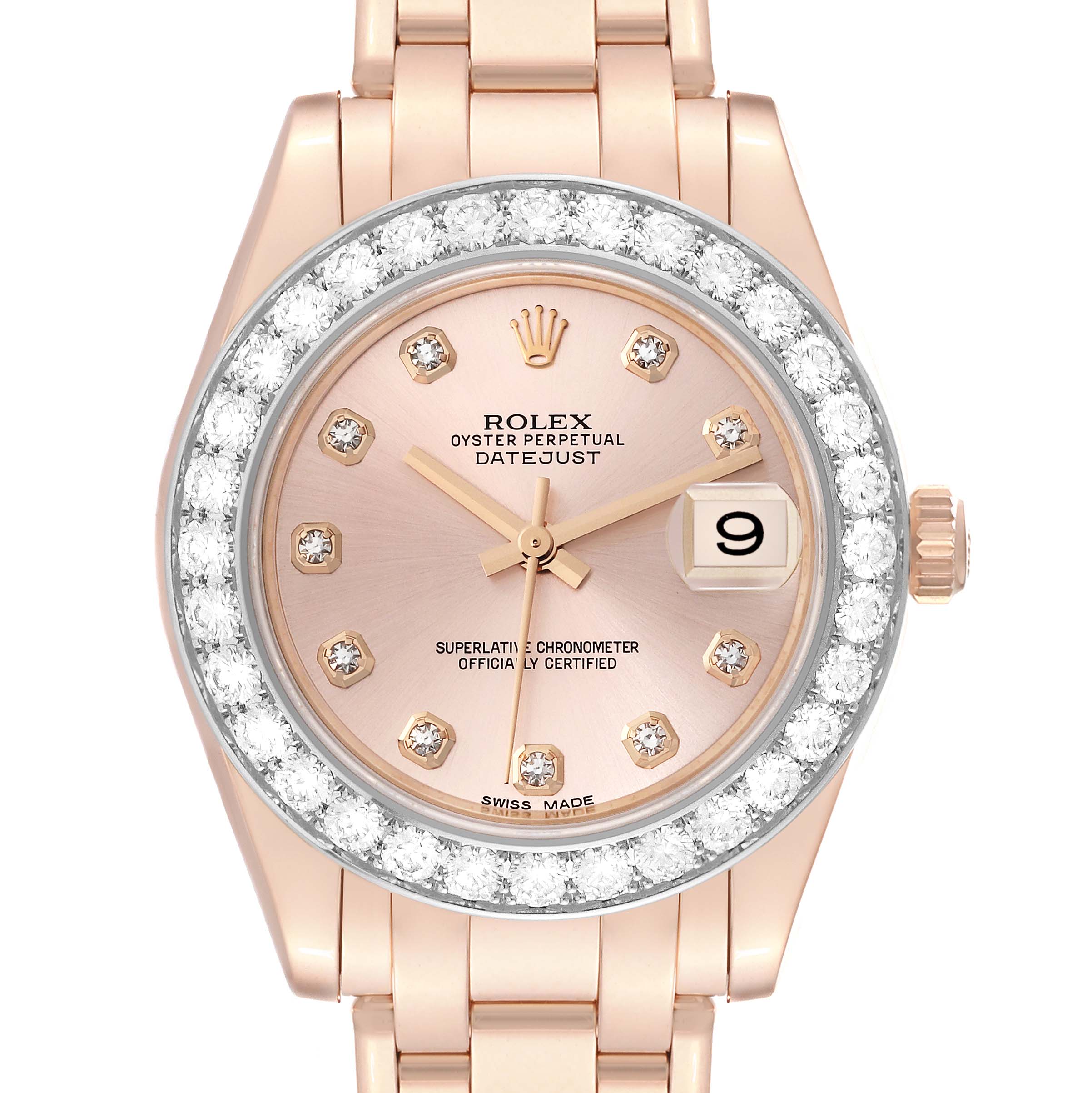 This image shows a frontal view of the Rolex Pearlmaster 81285 Women's Rose Gold Pink Dial 81285 Women's Rose Gold Pink Dial watch, highlighting its diamond bezel, date window, and rose gold features.