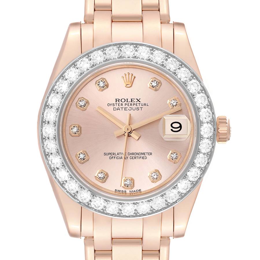 This image shows a frontal view of the Rolex Pearlmaster watch, highlighting its diamond bezel, date window, and rose gold features.