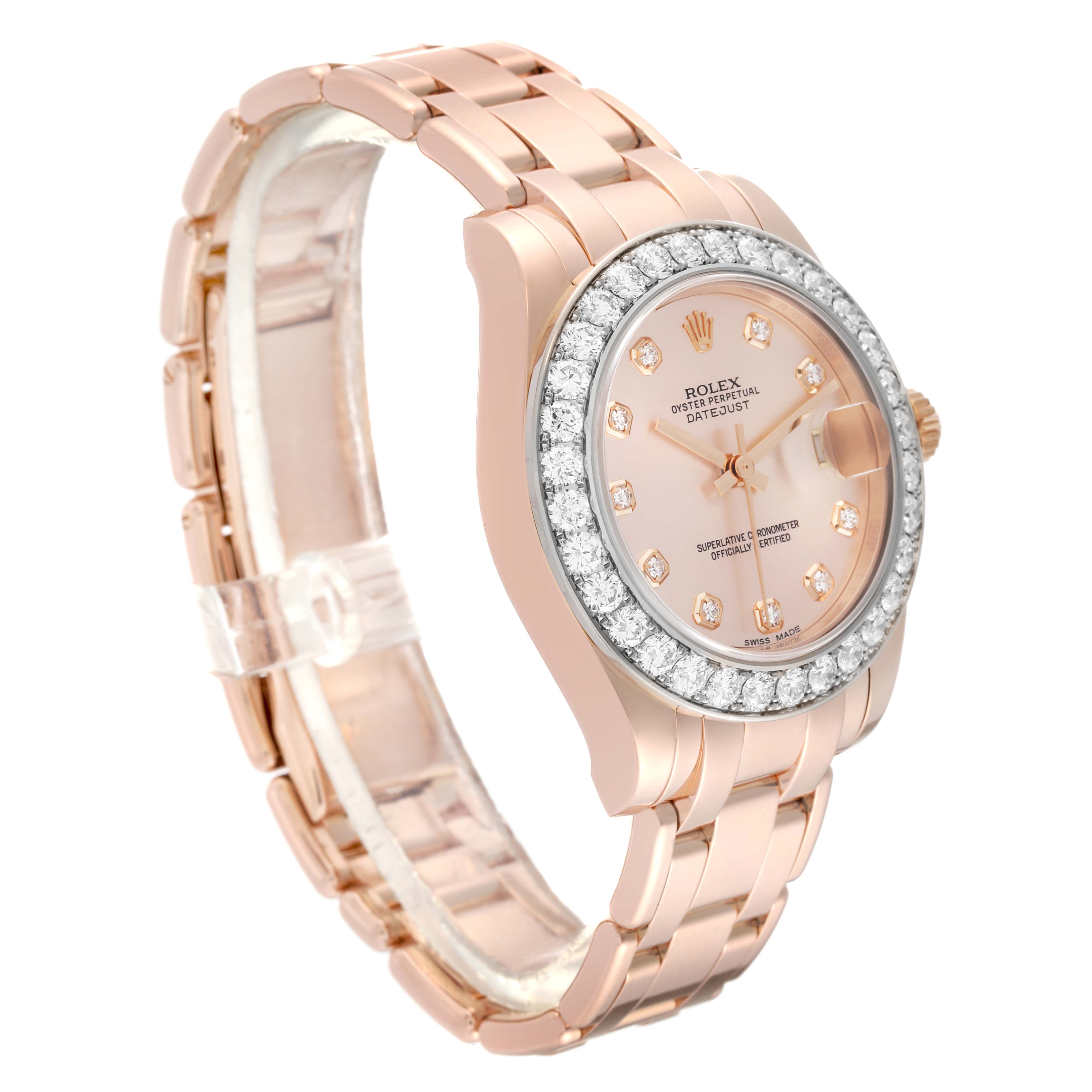 The image shows a Rolex Pearlmaster 81285 Women's Rose Gold Pink Dial 81285 Women's Rose Gold Pink Dial watch angled slightly from the side, highlighting its bracelet, bezel, and dial.