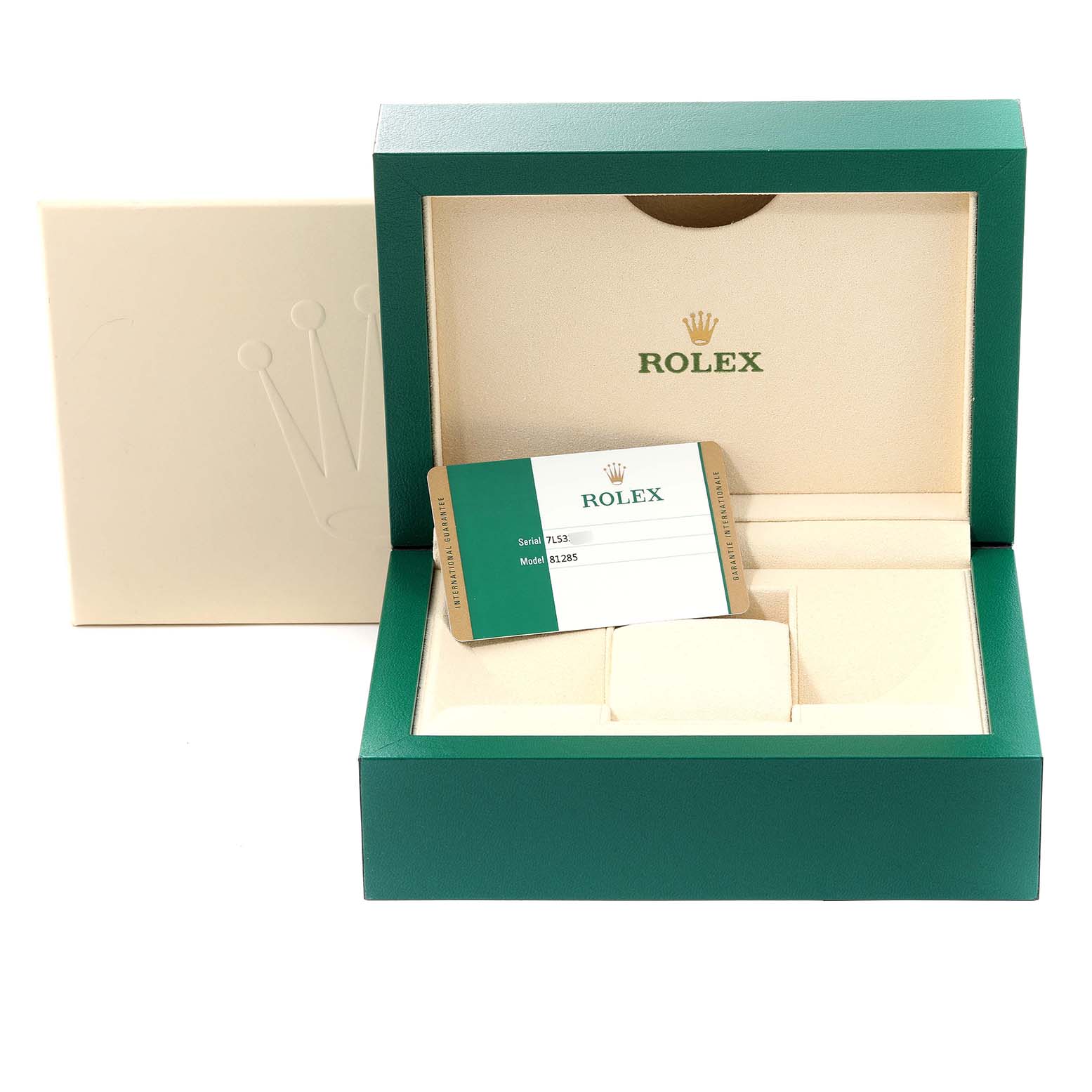 The image shows an open Rolex Pearlmaster 81285 Women's Rose Gold Pink Dial 81285 Women's Rose Gold Pink Dial watch box with an authenticity card displayed inside.