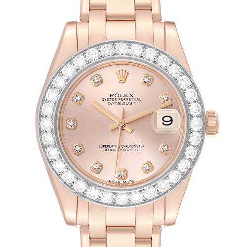 Photo of Rolex Pearlmaster 34 EveRose Rose Gold Diamond Ladies Watch 81285 Box Card