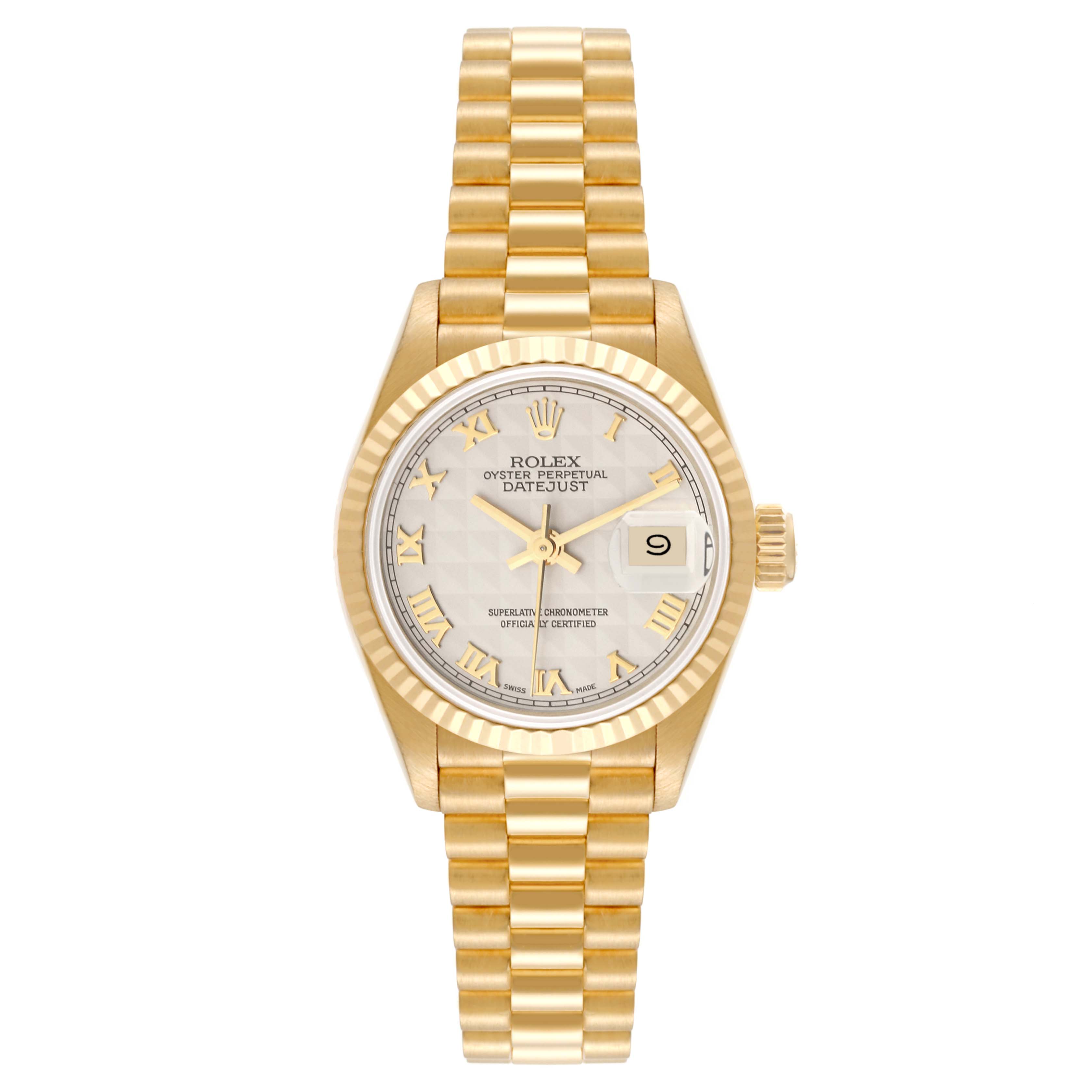 This image shows a front view of the Rolex President 69178 Women's Yellow Gold Silver Dial 69178 Women's Yellow Gold Silver Dial model watch, highlighting the dial, bezel, bracelet, and crown.