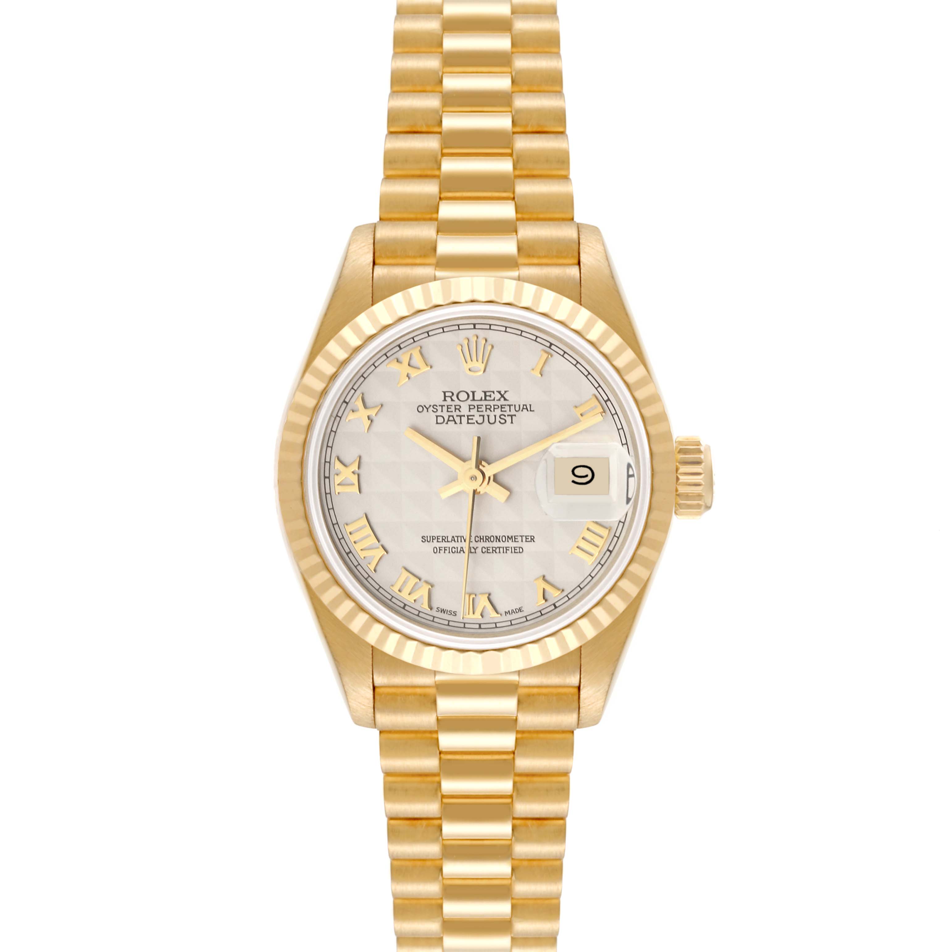 The Rolex President 69178 Women's Yellow Gold Silver Dial 69178 Women's Yellow Gold Silver Dial model watch is shown from the front, featuring the dial, hands, bezel, date window, and bracelet.