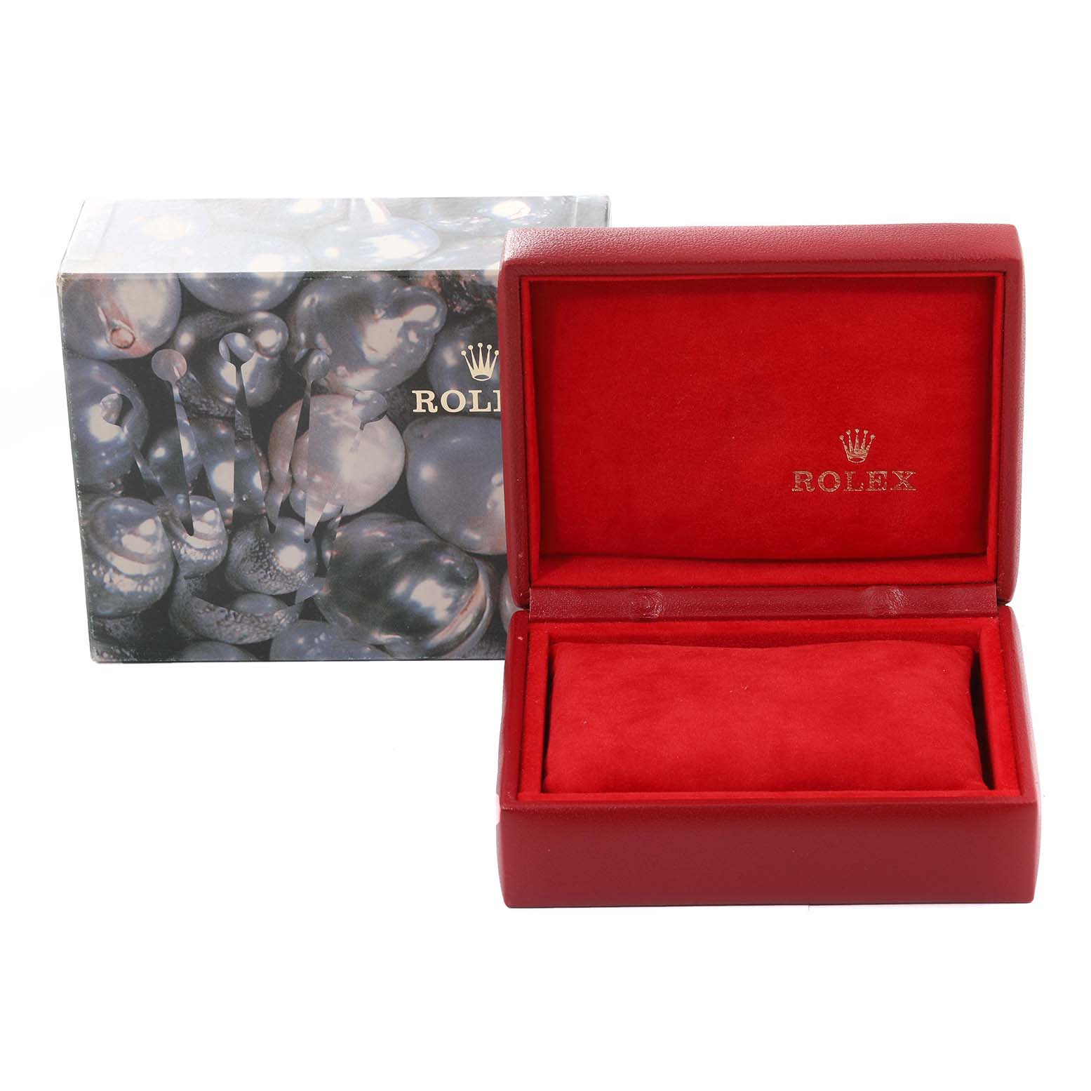 The image shows a red Rolex President 69178 Women's Yellow Gold Silver Dial 69178 Women's Yellow Gold Silver Dial model watch box, with the lid open, revealing the plush interior and logo.