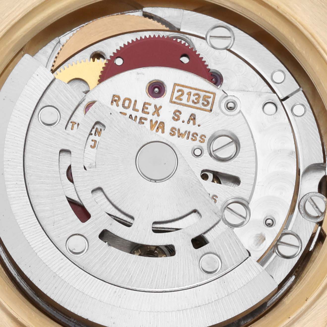 This image shows the inner movement mechanism of a Rolex President 69178 Women's Yellow Gold Silver Dial 69178 Women's Yellow Gold Silver Dial model watch from a top-down angle, highlighting its intricate components.