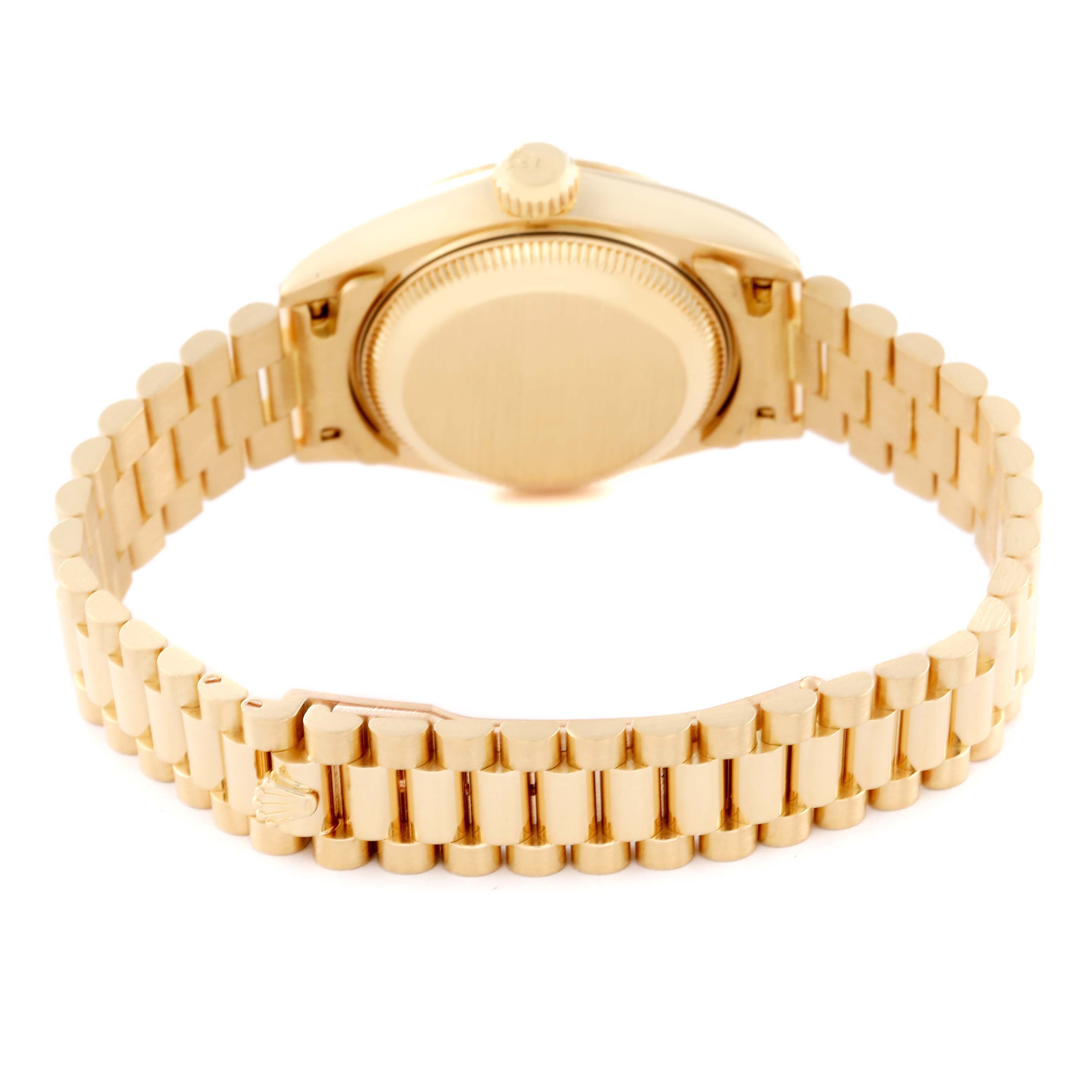 The image shows a Rolex President 69178 Women's Yellow Gold Silver Dial 69178 Women's Yellow Gold Silver Dial model watch from the back, highlighting its gold caseback, crown, and bracelet.