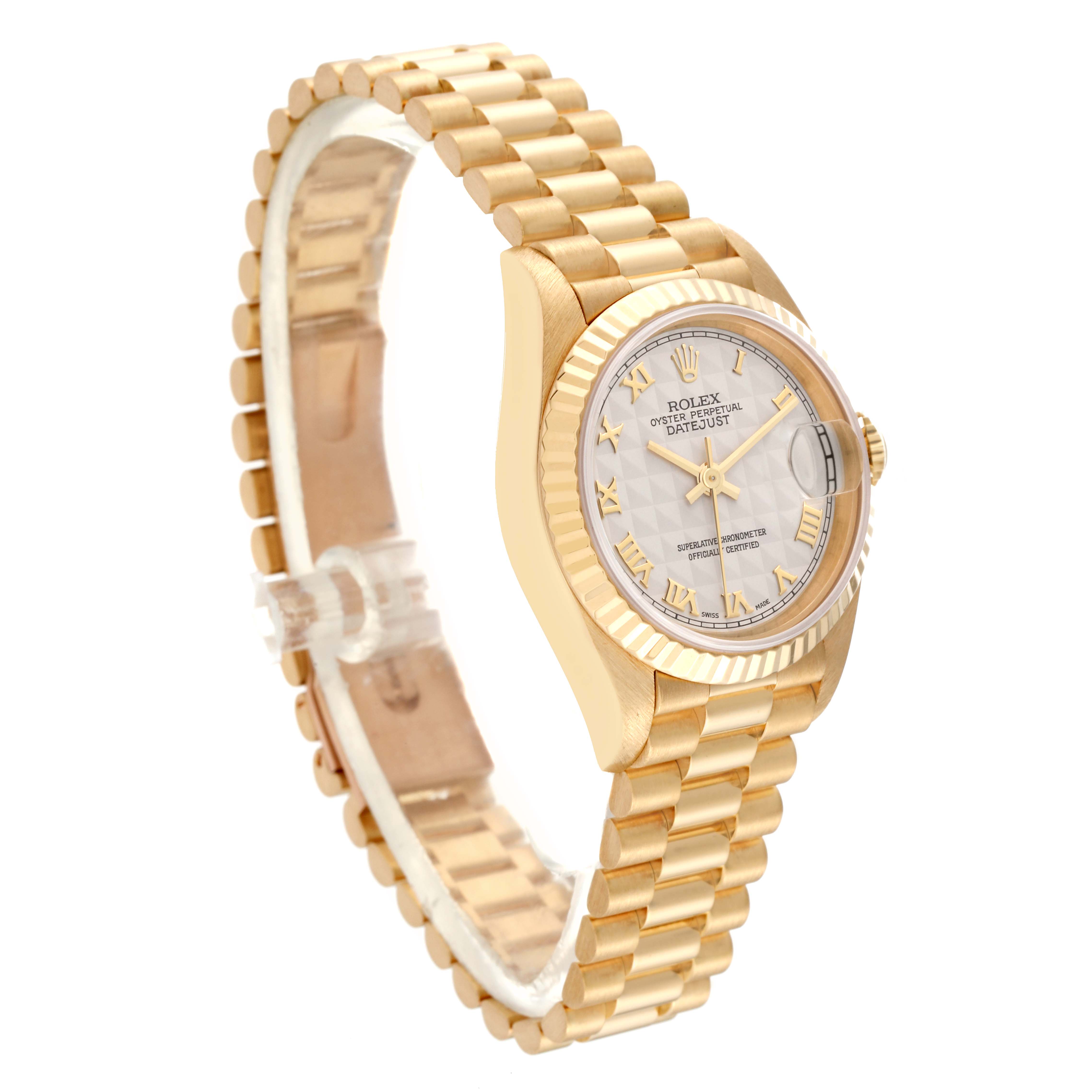 This is an angled view of the Rolex President 69178 Women's Yellow Gold Silver Dial 69178 Women's Yellow Gold Silver Dial model watch showing the dial, bezel, case, crown, and bracelet.