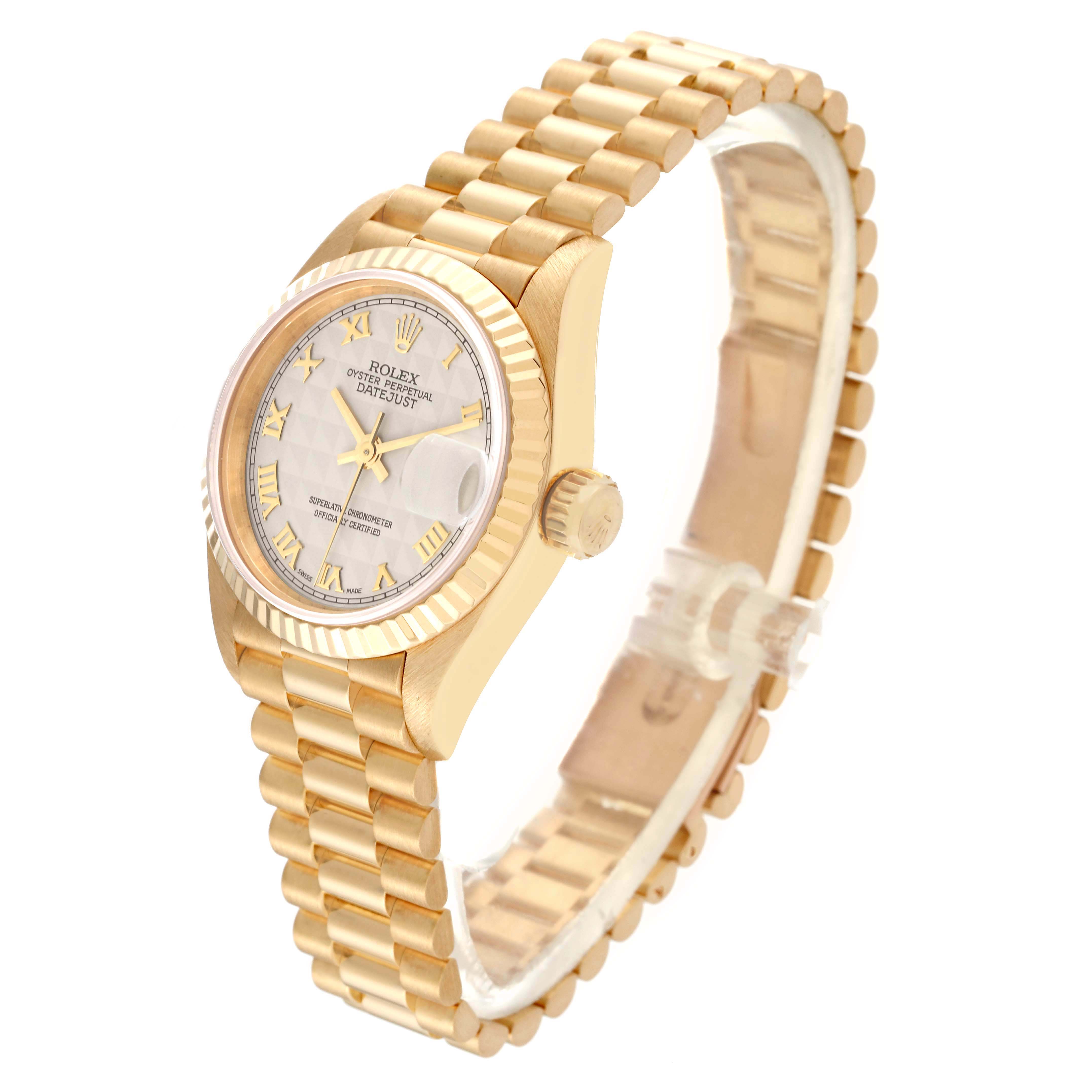 The image shows a tilted view of the Rolex President 69178 Women's Yellow Gold Silver Dial 69178 Women's Yellow Gold Silver Dial model, displaying the watch face, bezel, crown, and part of the bracelet.