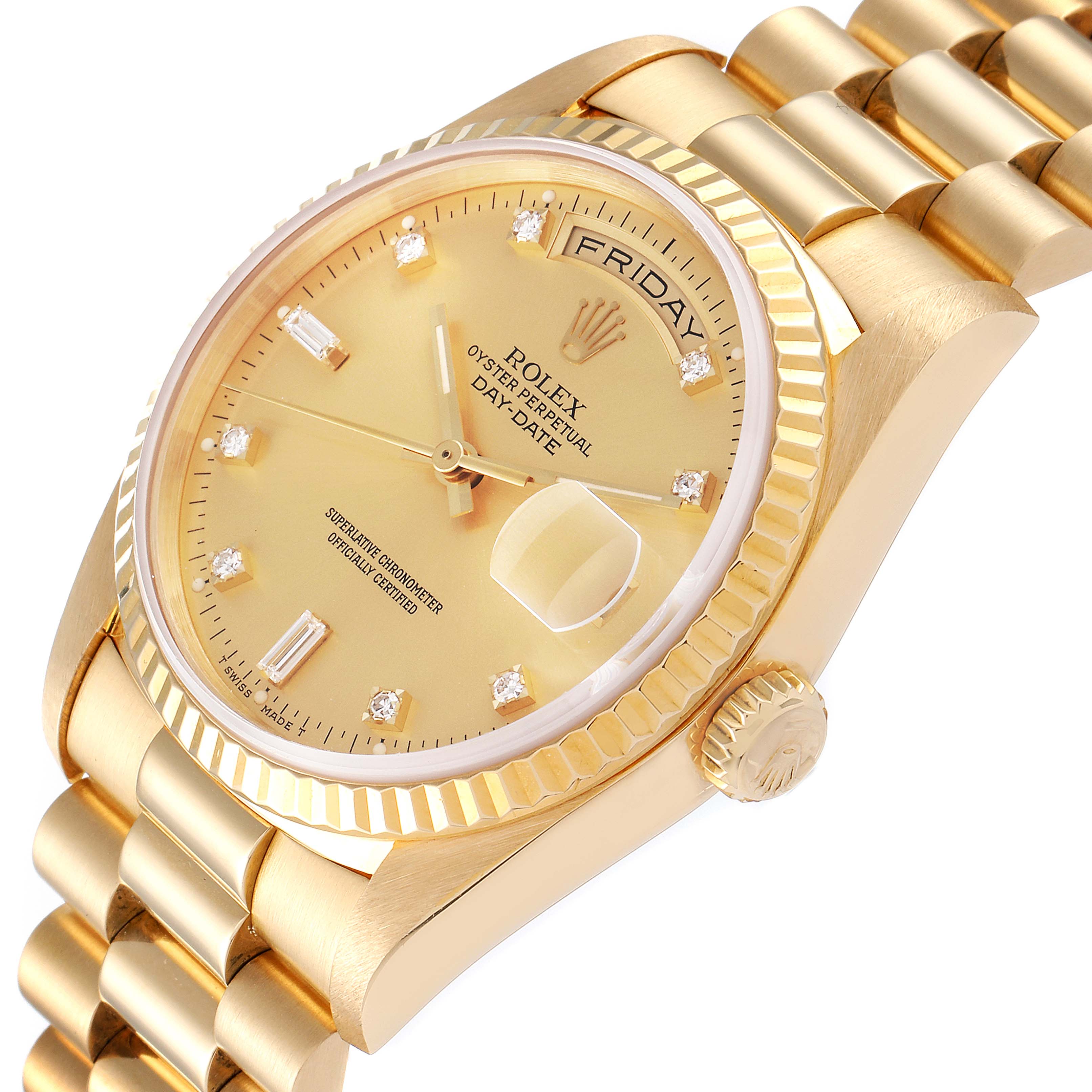 The image shows a close-up angle of a Rolex President 18238 Men
s Yellow Gold Champagne Dial 18238 Men
s Yellow Gold Champagne Dial model, highlighting the dial, bezel, and part of the bracelet.
