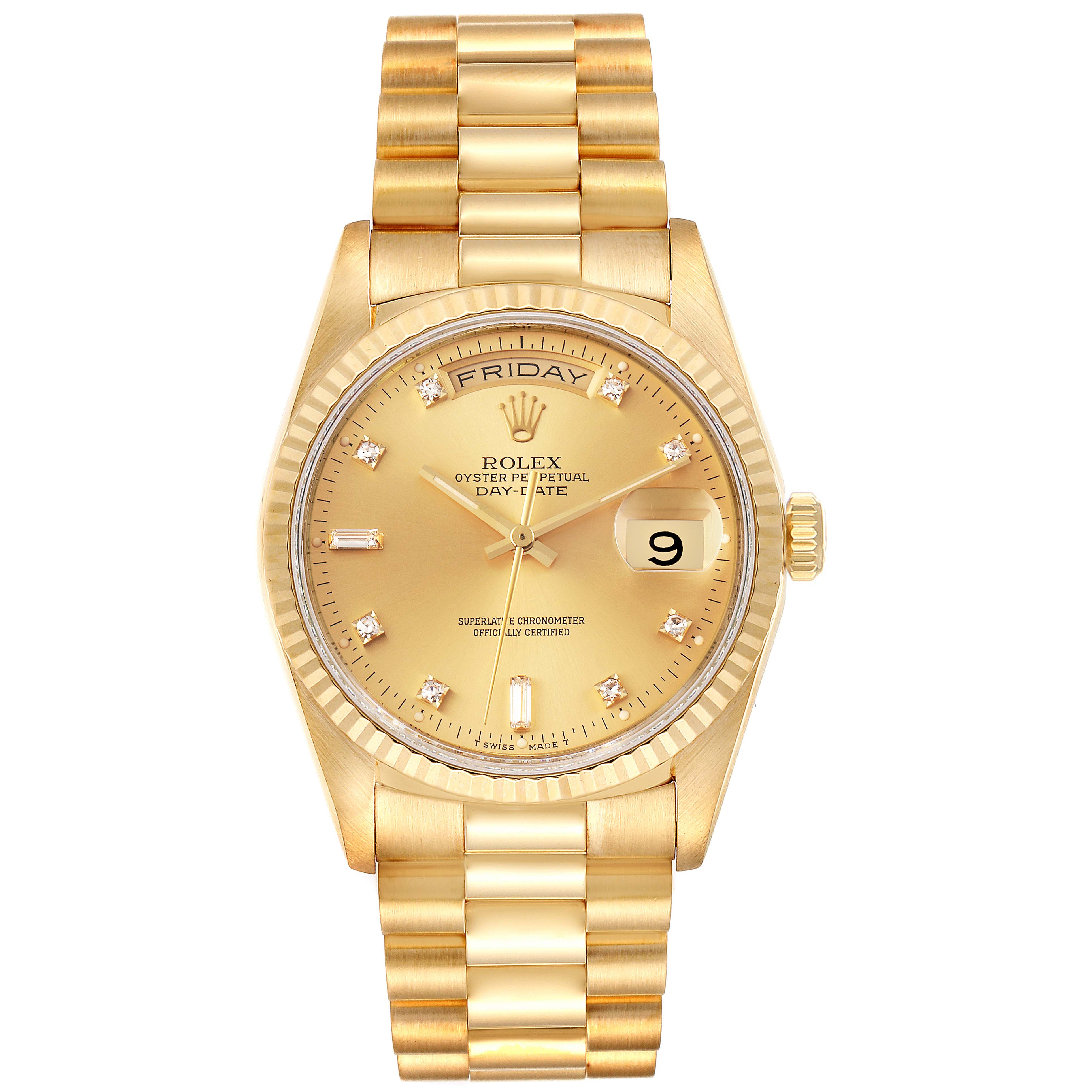 This is a front view of a Rolex President 18238 Men
s Yellow Gold Champagne Dial 18238 Men
s Yellow Gold Champagne Dial model, showing the watch face, bracelet, crown, and day-date display.