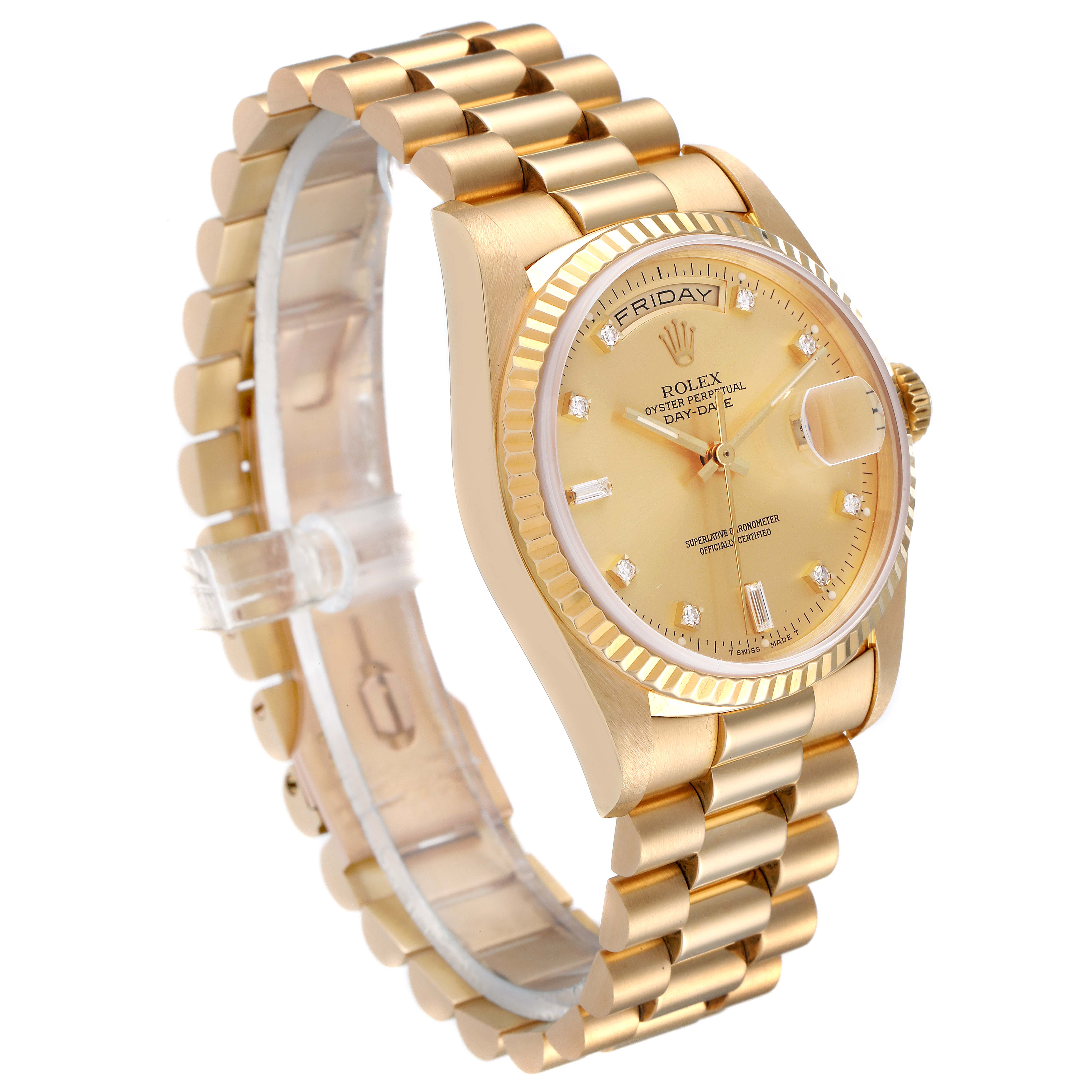 The image shows a side angle of the Rolex President 18238 Men
s Yellow Gold Champagne Dial 18238 Men
s Yellow Gold Champagne Dial model watch, highlighting its gold band, face, and day-date display.