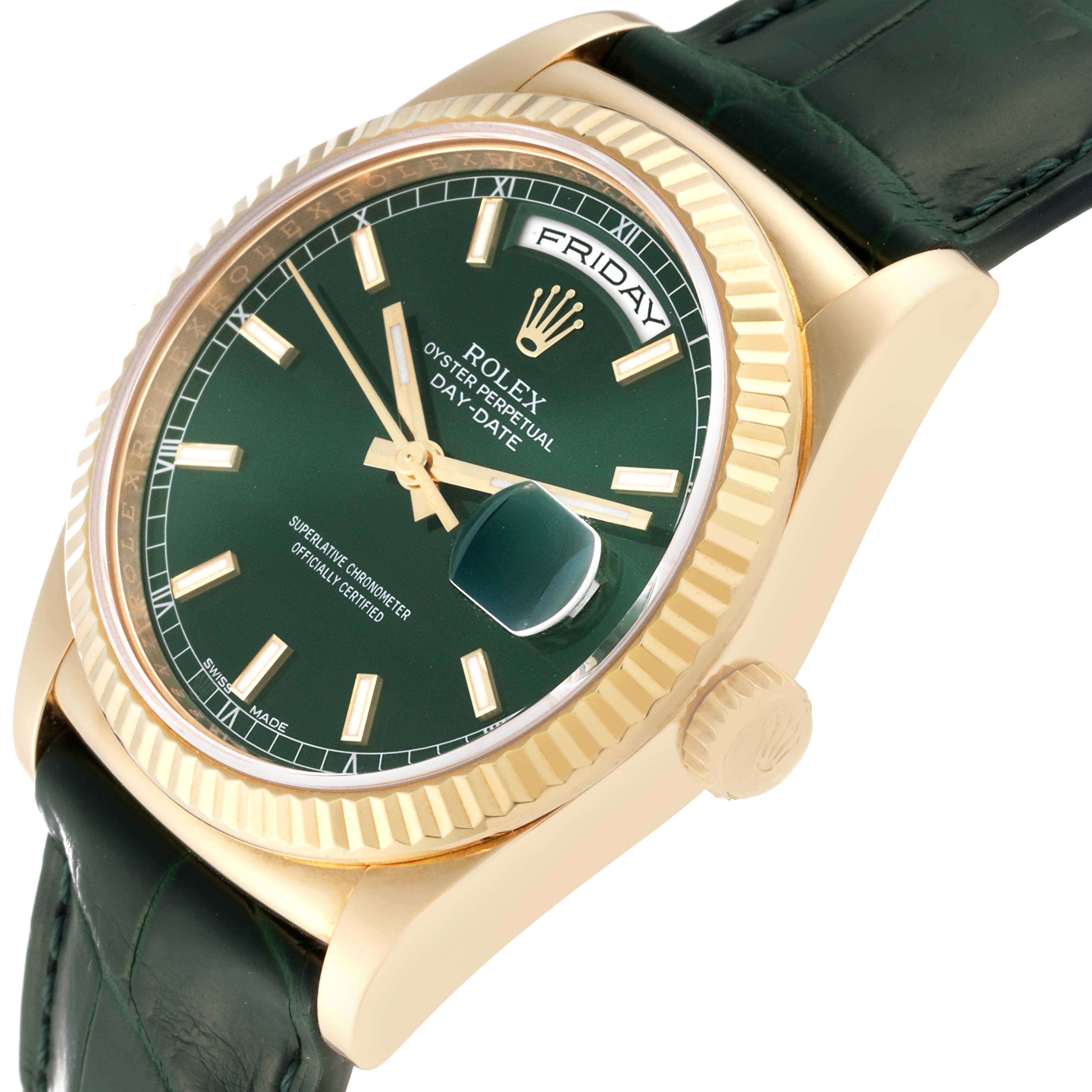 This image shows an angled view of a Rolex President 118138 Men's Yellow Gold Green Dial 118138 Men's Yellow Gold Green Dial model watch, featuring its green dial, day-date display, and gold bezel.