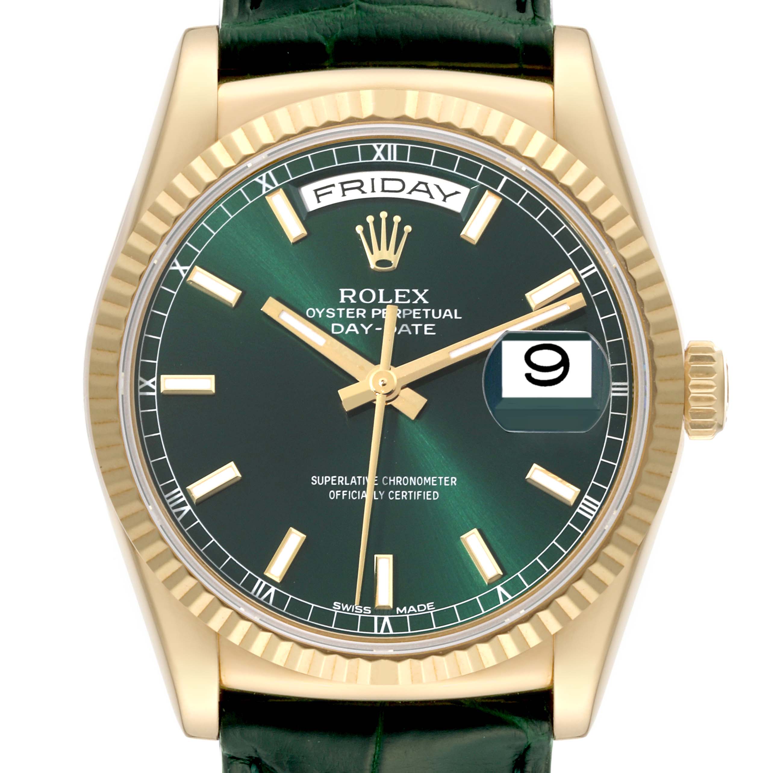 This image shows a front view of the Rolex Day-Date President watch, highlighting its green dial, day and date windows, and gold fluted bezel.