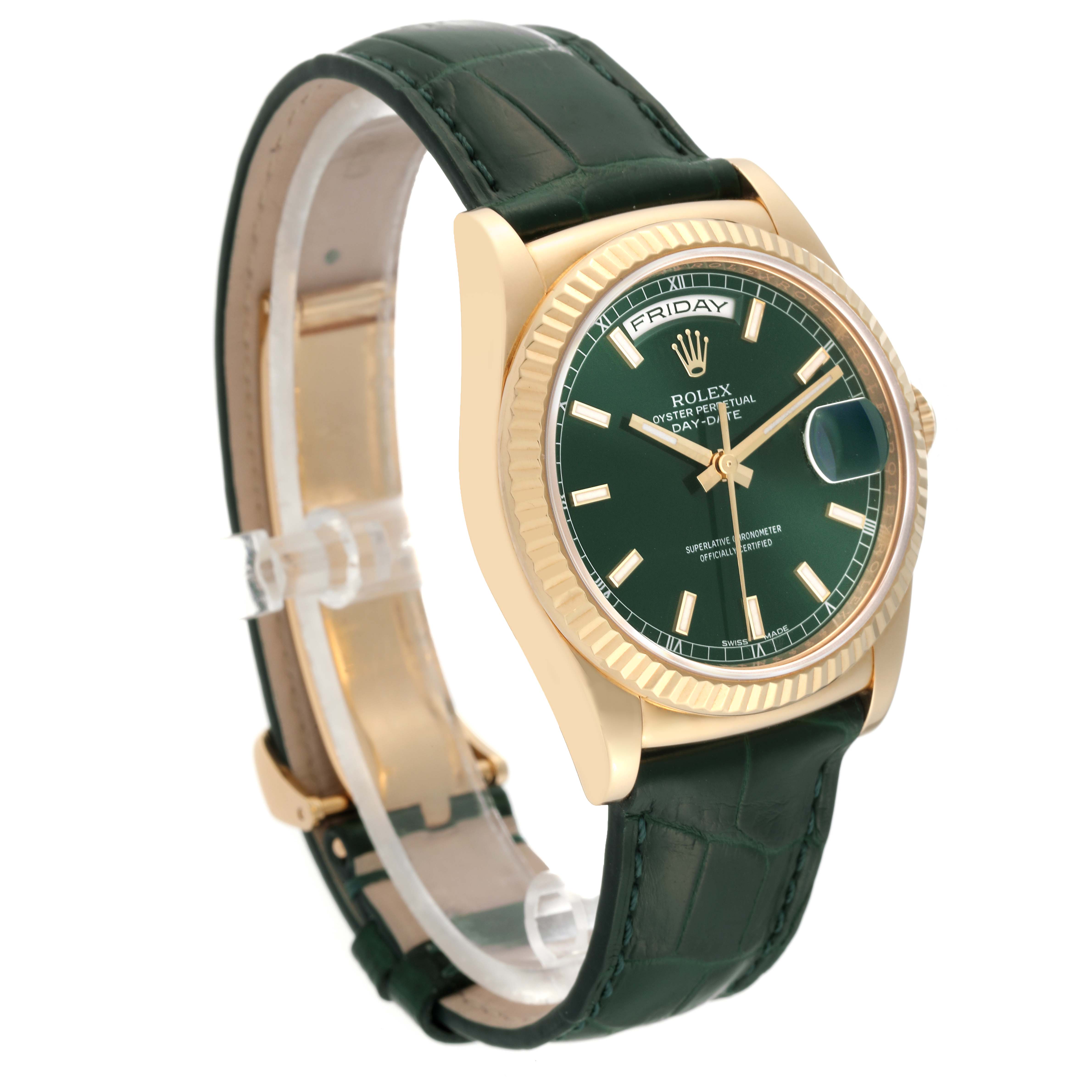 The image shows a Rolex President 118138 Men's Yellow Gold Green Dial 118138 Men's Yellow Gold Green Dial model watch at a front-side angle, highlighting the face, dial, and green leather strap.