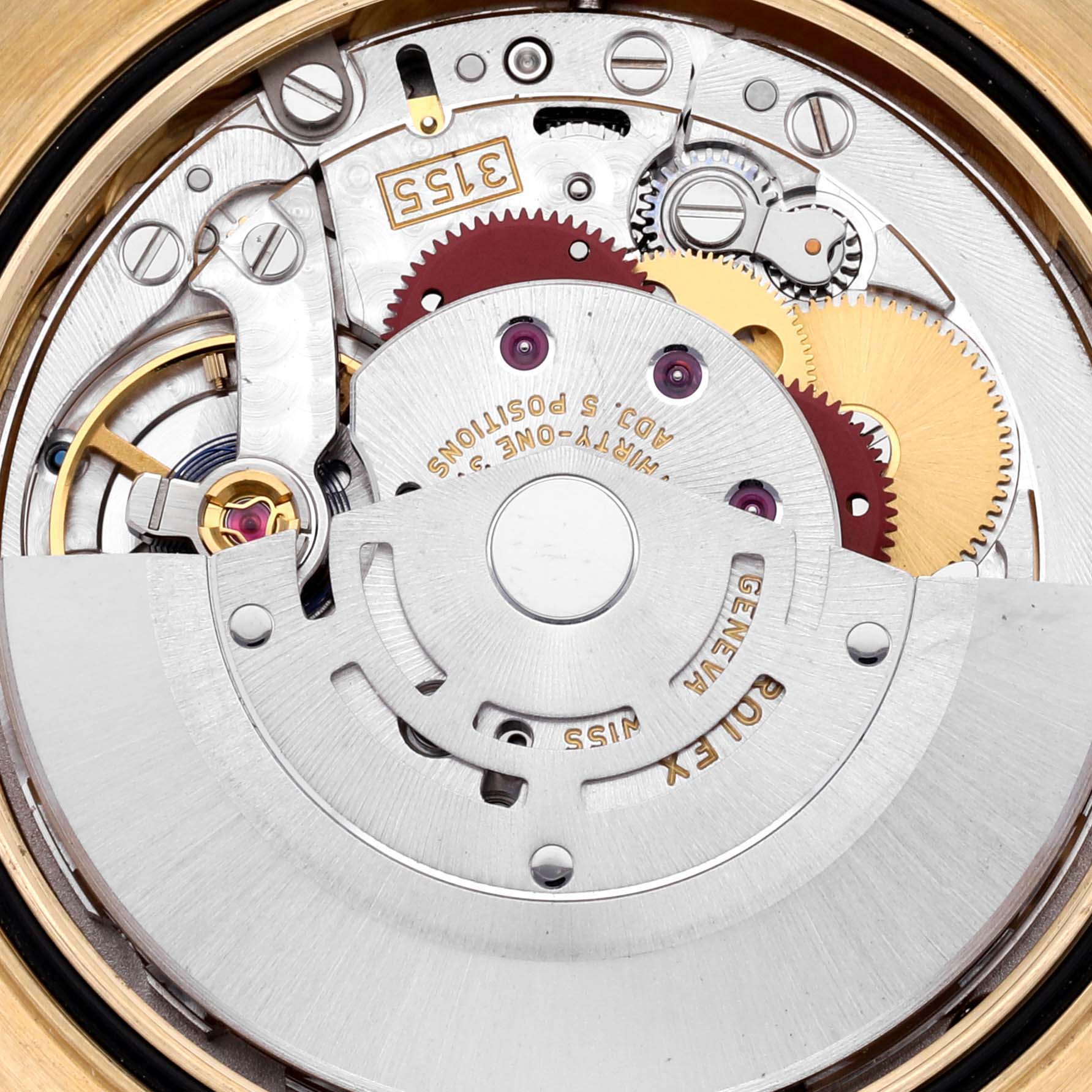 This image shows the inner mechanical movement and parts of a Rolex President 118138 Men's Yellow Gold Green Dial 118138 Men's Yellow Gold Green Dial model watch.