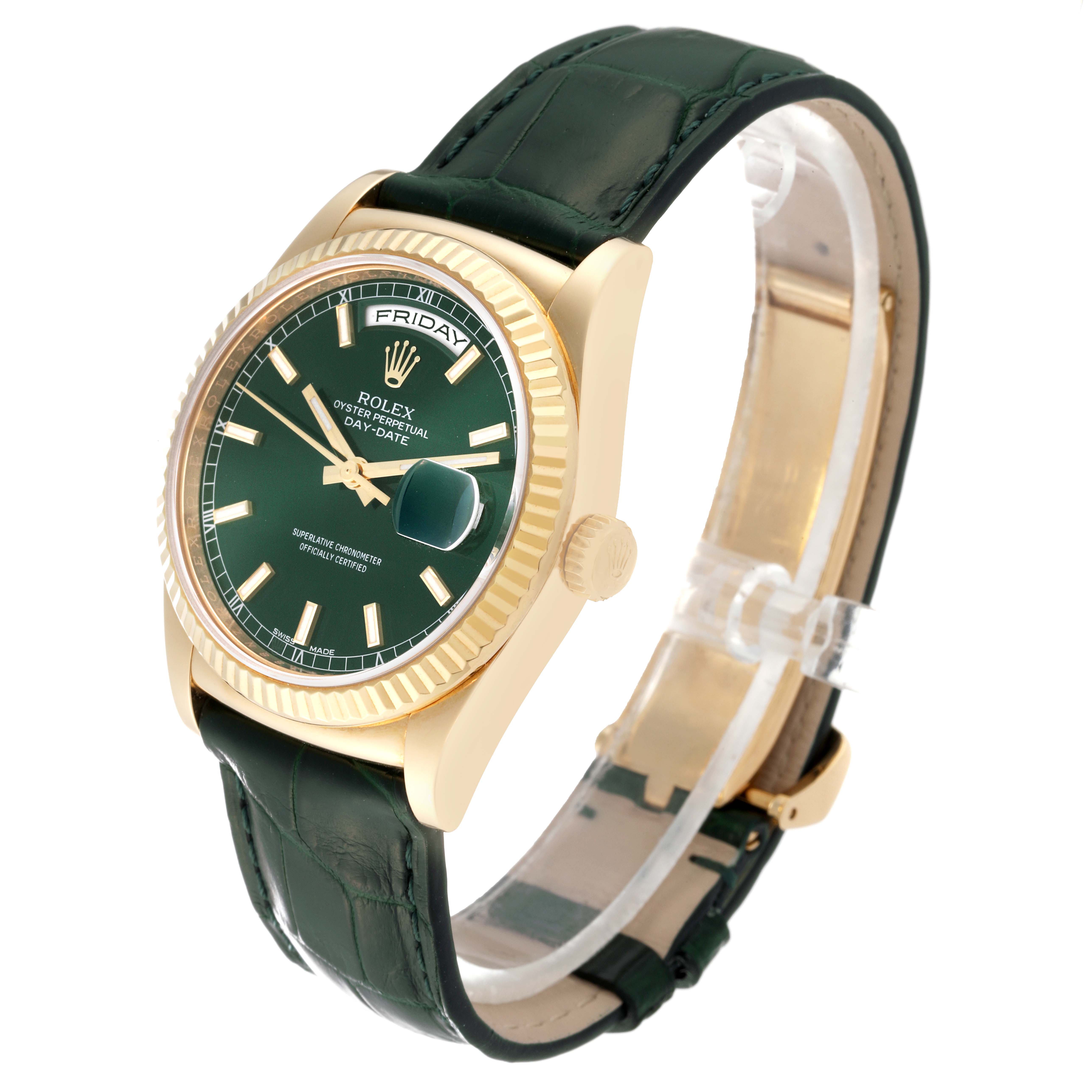 The Rolex President 118138 Men's Yellow Gold Green Dial 118138 Men's Yellow Gold Green Dial model watch is shown at an angled side view, highlighting the face, bezel, and strap details.