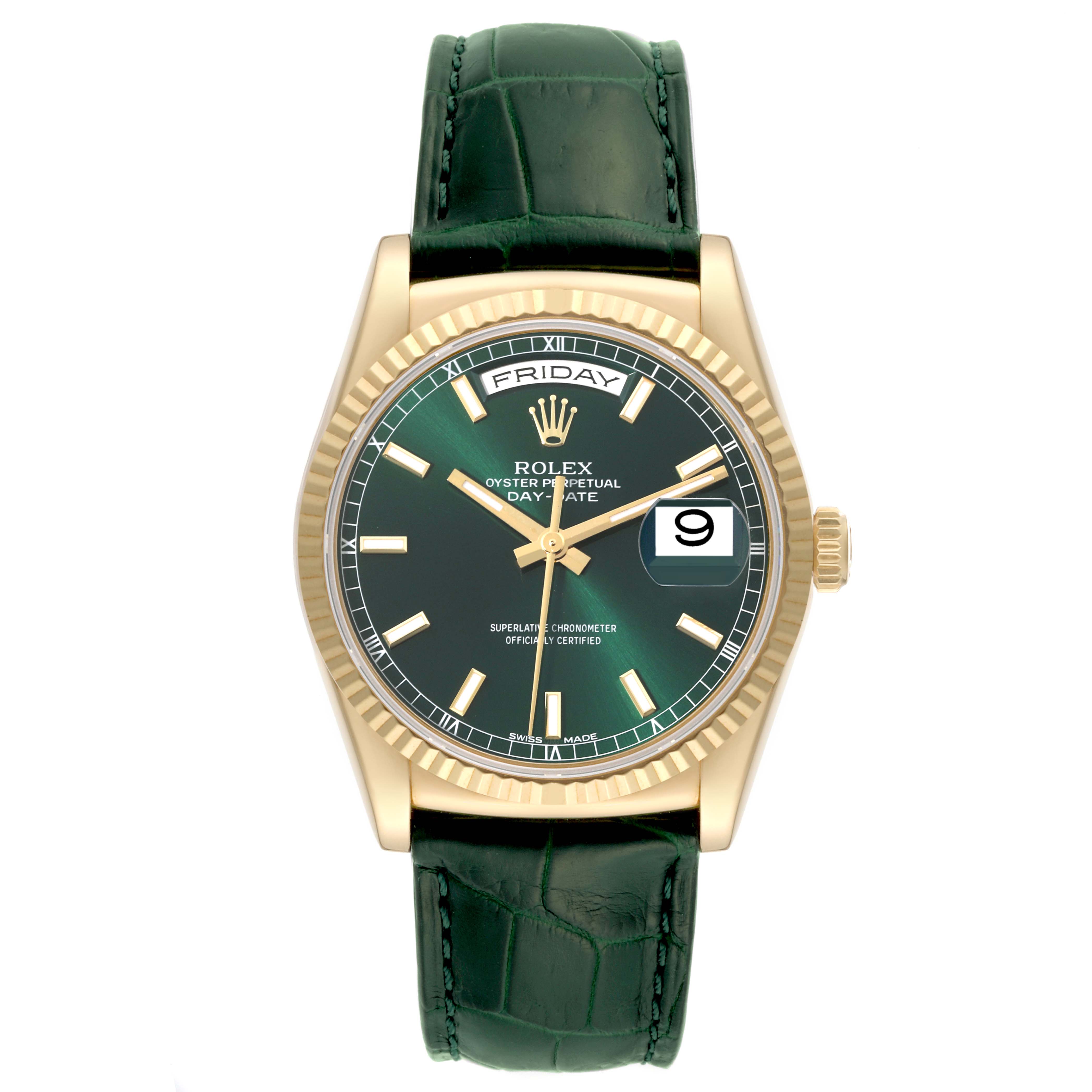 This image shows a Rolex President 118138 Men's Yellow Gold Green Dial 118138 Men's Yellow Gold Green Dial model watch from a top-down angle, featuring the watch face, bezel, and leather strap.