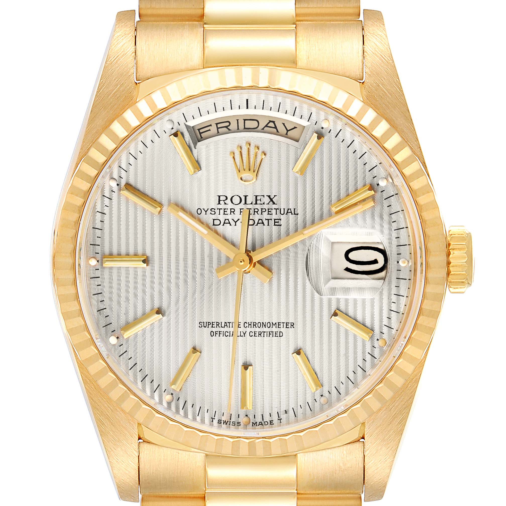The image shows a frontal view of a gold Rolex Oyster Perpetual Day-Date President model, highlighting the dial, bracelet, and crown.