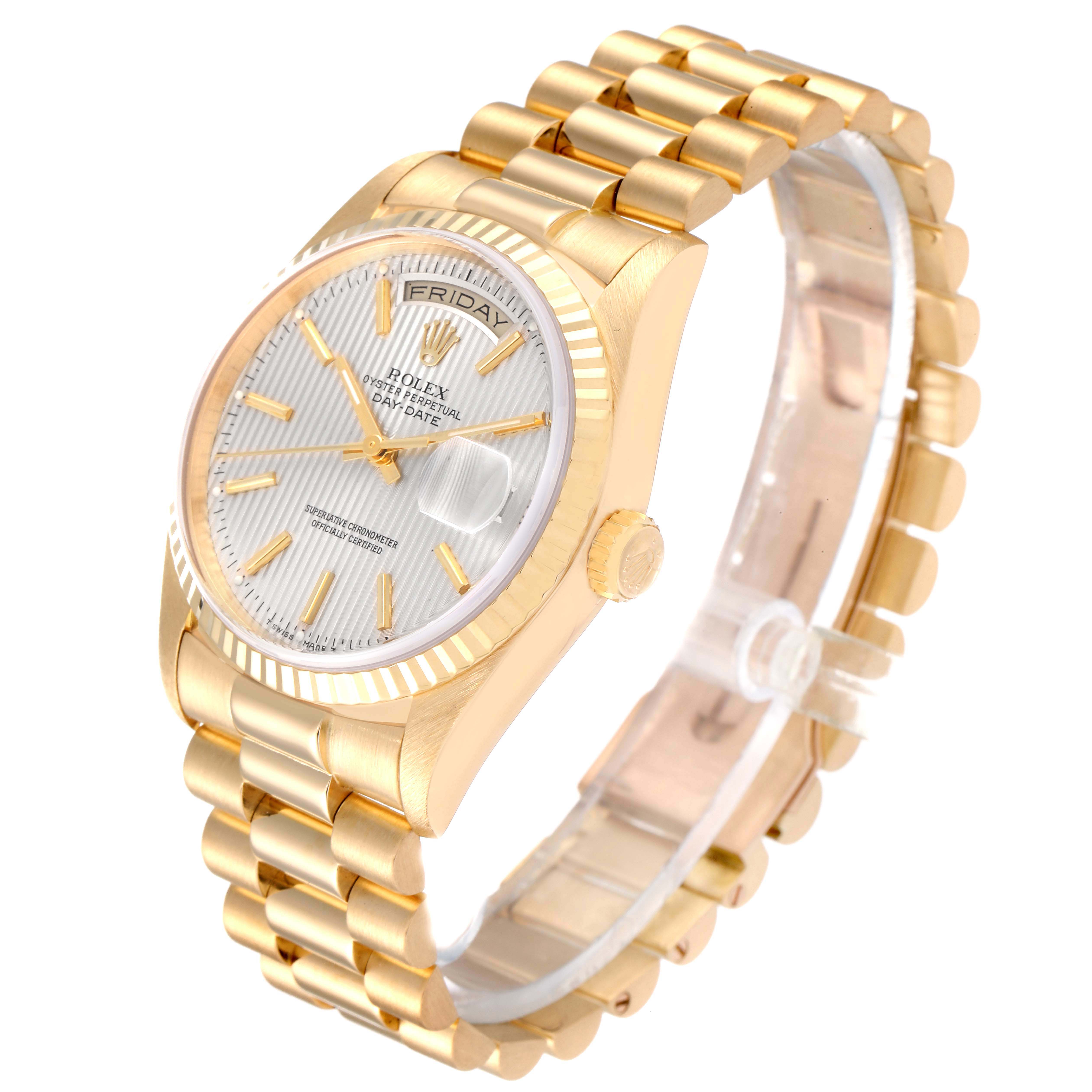This Rolex President 18238 Men's Yellow Gold Silver Dial 18238 Men's Yellow Gold Silver Dial model watch is shown at a tilted side angle, highlighting its gold case, bracelet, dial, and crown.